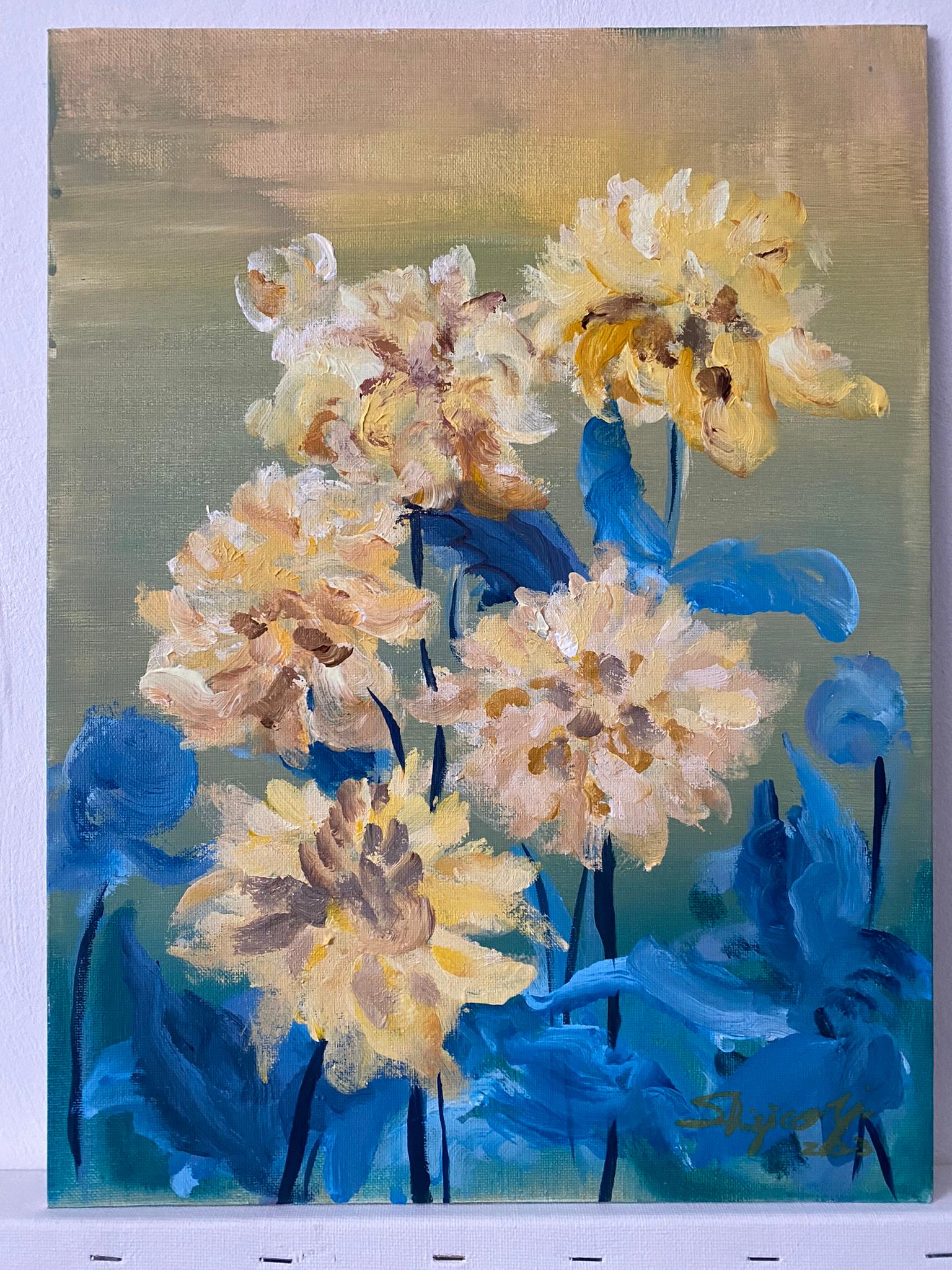 Original-Yellow Dahlias in Blue-Abstract-Expression-British school- UK Artist For Sale 12