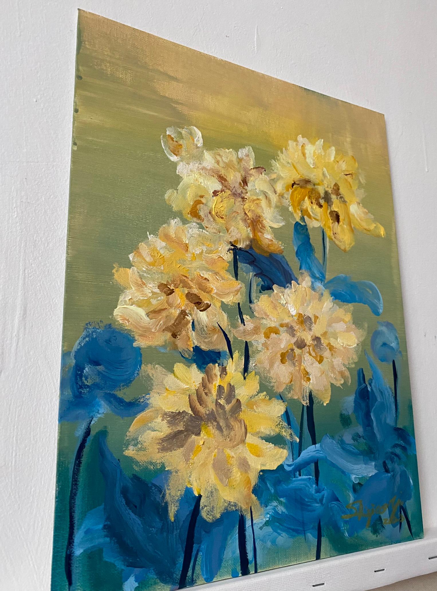 Original-Yellow Dahlias in Blue-Abstract-Expression-British school- UK Artist For Sale 11