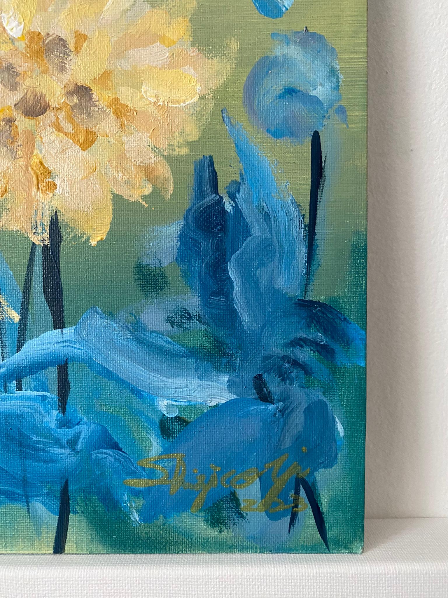 Original-Yellow Dahlias in Blue-Abstract-Expression-British school- UK Artist For Sale 1