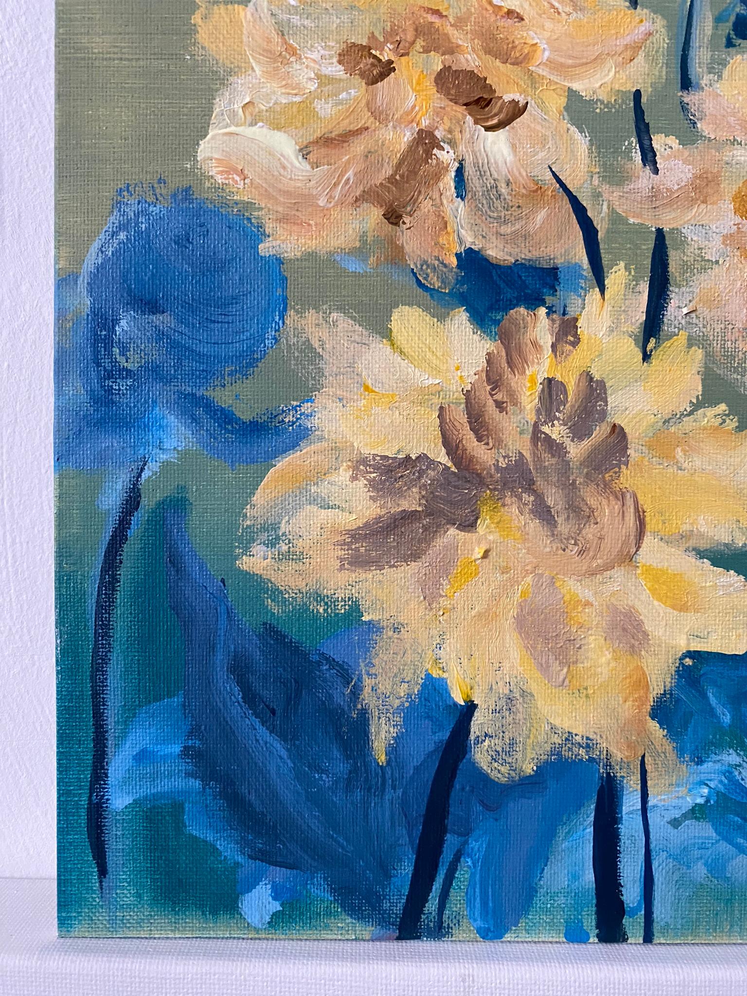 Original-Yellow Dahlias in Blue-Abstract-Expression-British school- UK Artist For Sale 4