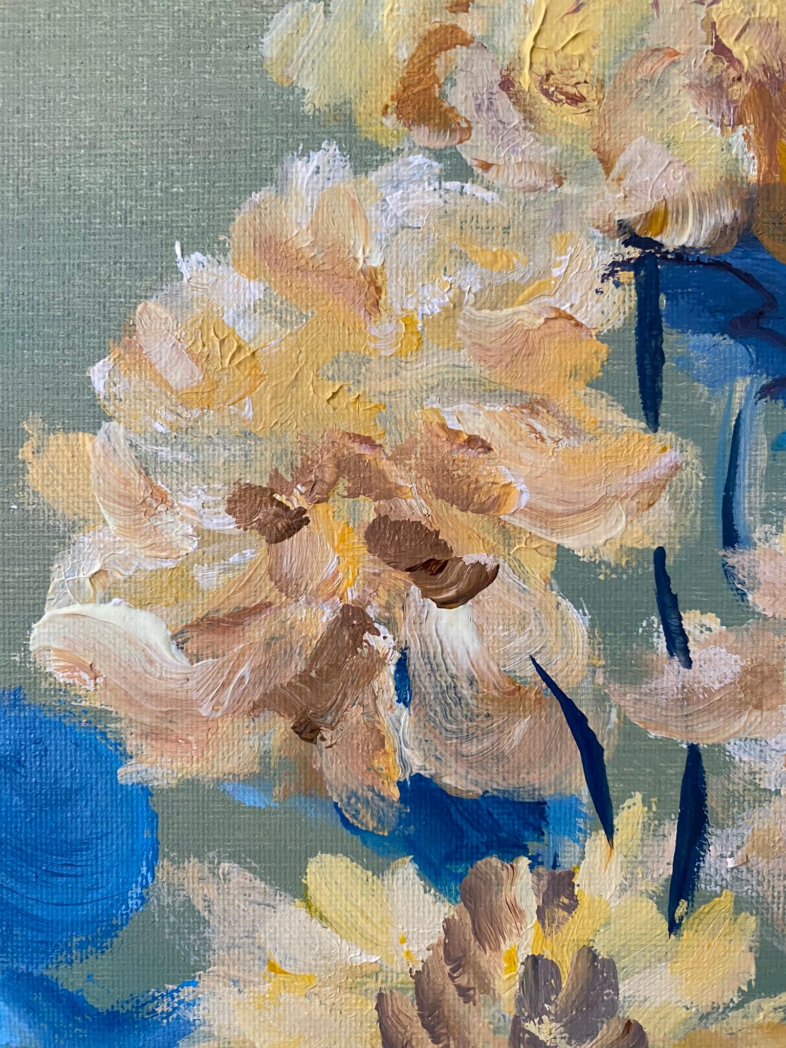 Original-Yellow Dahlias in Blue-Abstract-Expression-British school- UK Artist For Sale 6