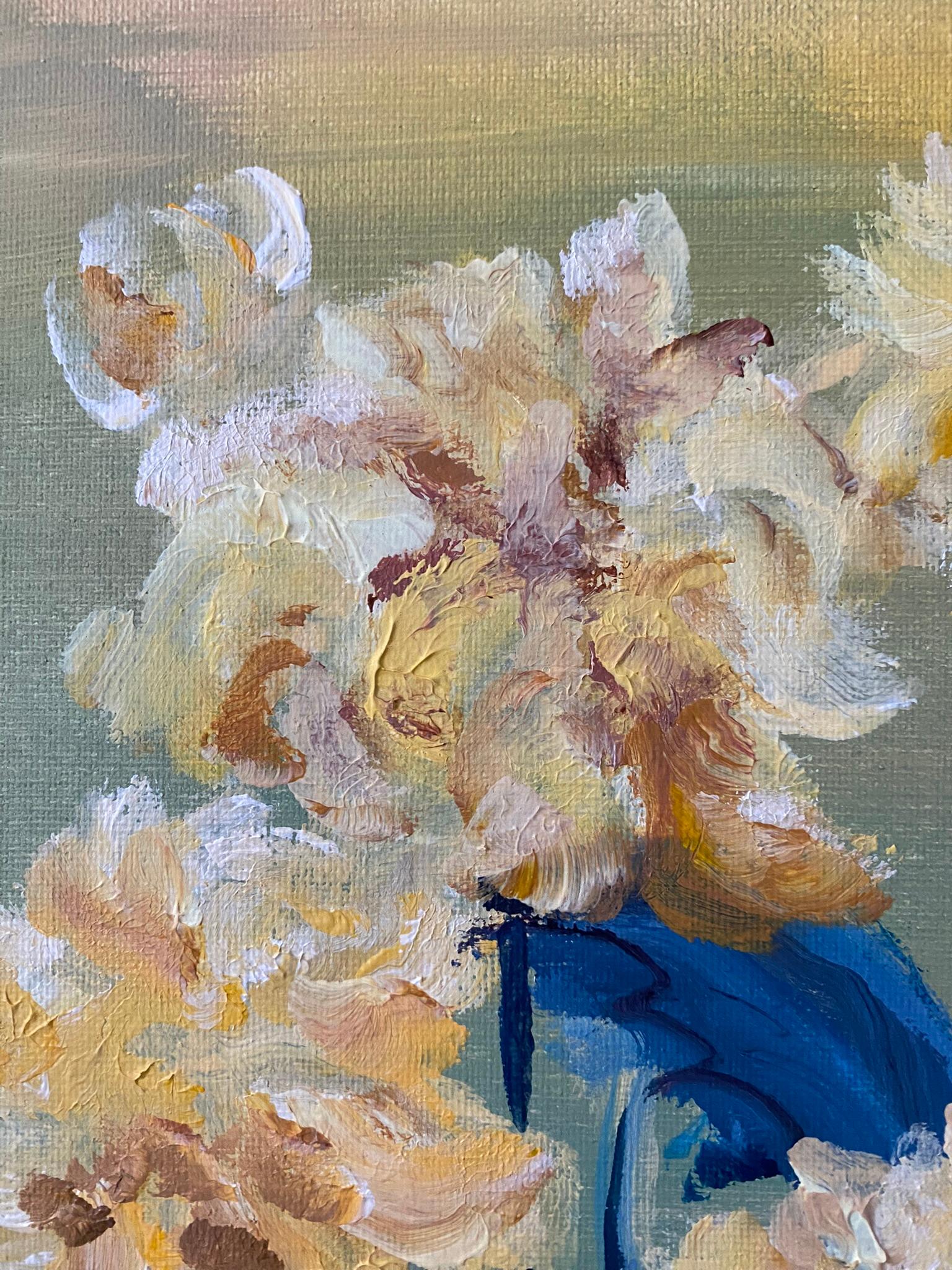Original-Yellow Dahlias in Blue-Abstract-Expression-British school- UK Artist For Sale 2