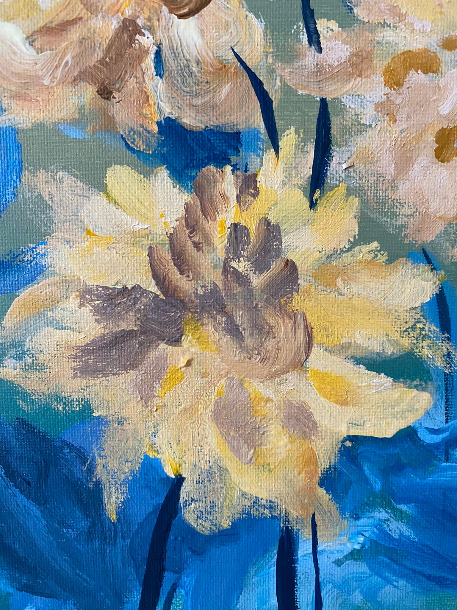 Original-Yellow Dahlias in Blue-Abstract-Expression-British school- UK Artist For Sale 5