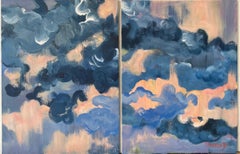 Original-Díptico Nubes al atardecer-Artista británico galardonado-en plein air-Lienzo al óleo