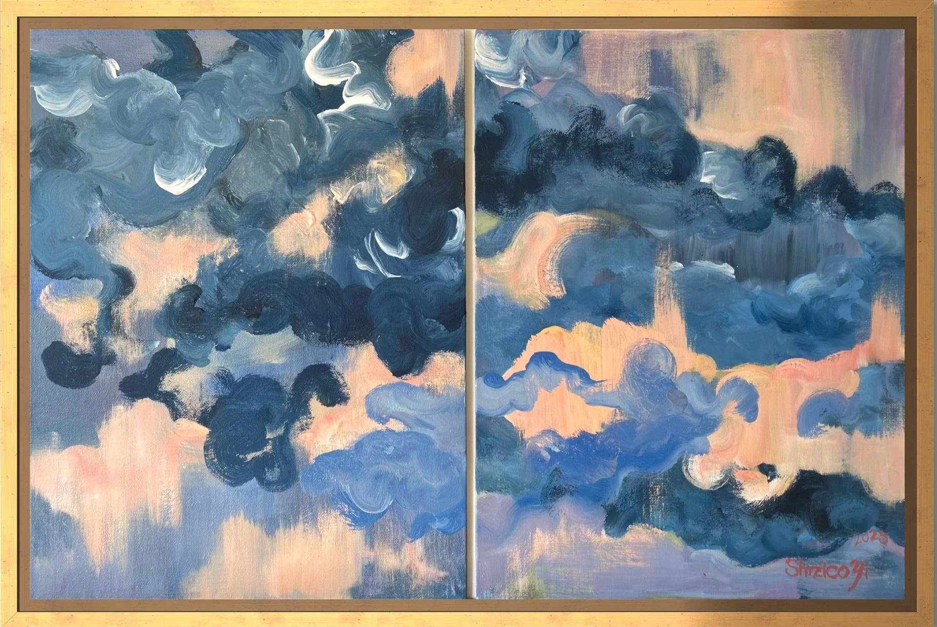 Original-Sonnenuntergang Wolken Diptychon-British Awarded Artist-en plein air-Oil canvas