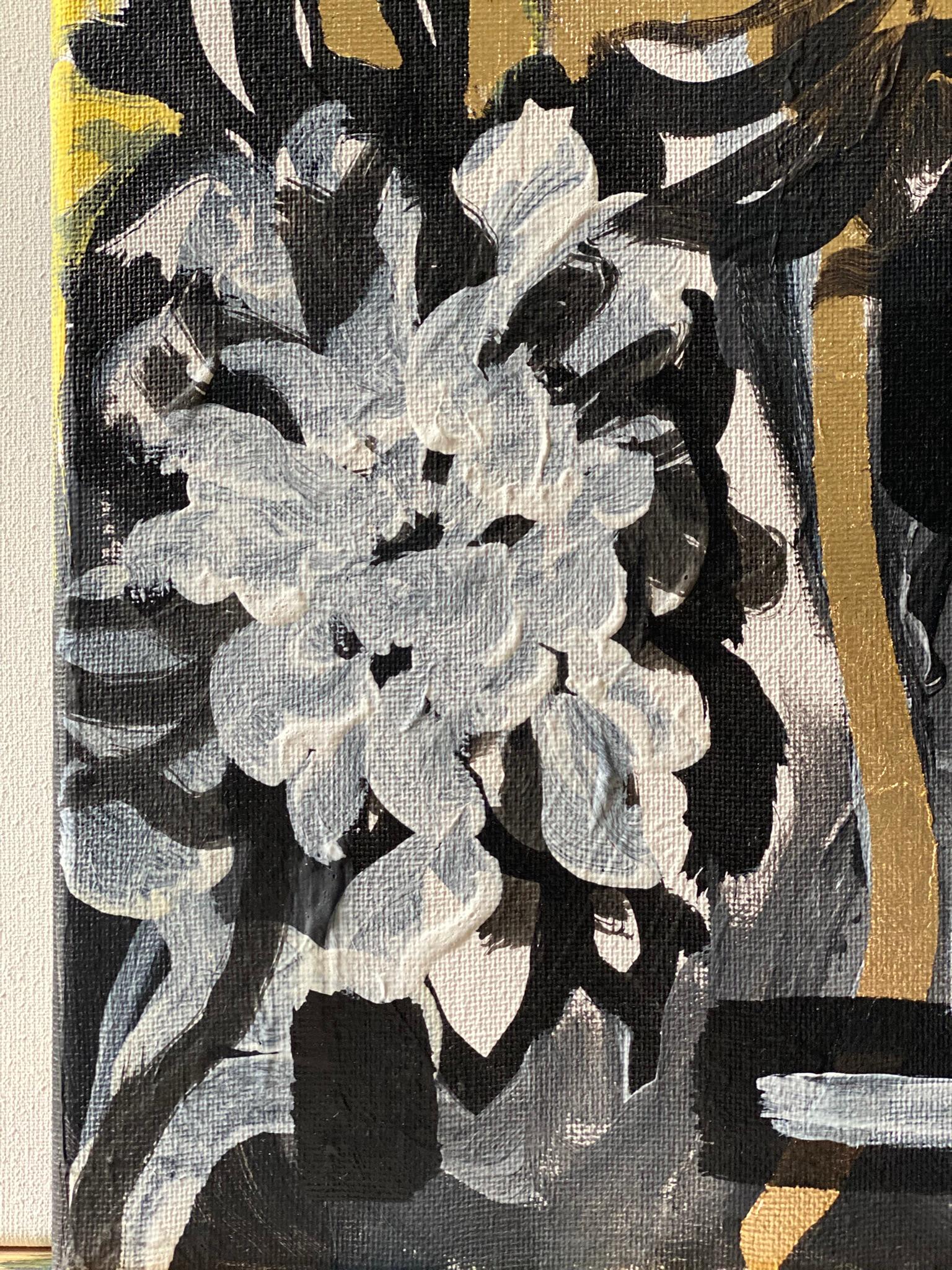 Original-Sunset Dahlias-British Awarded Artist-Gold Leaf+ Oil+ Ink on Canvas For Sale 7