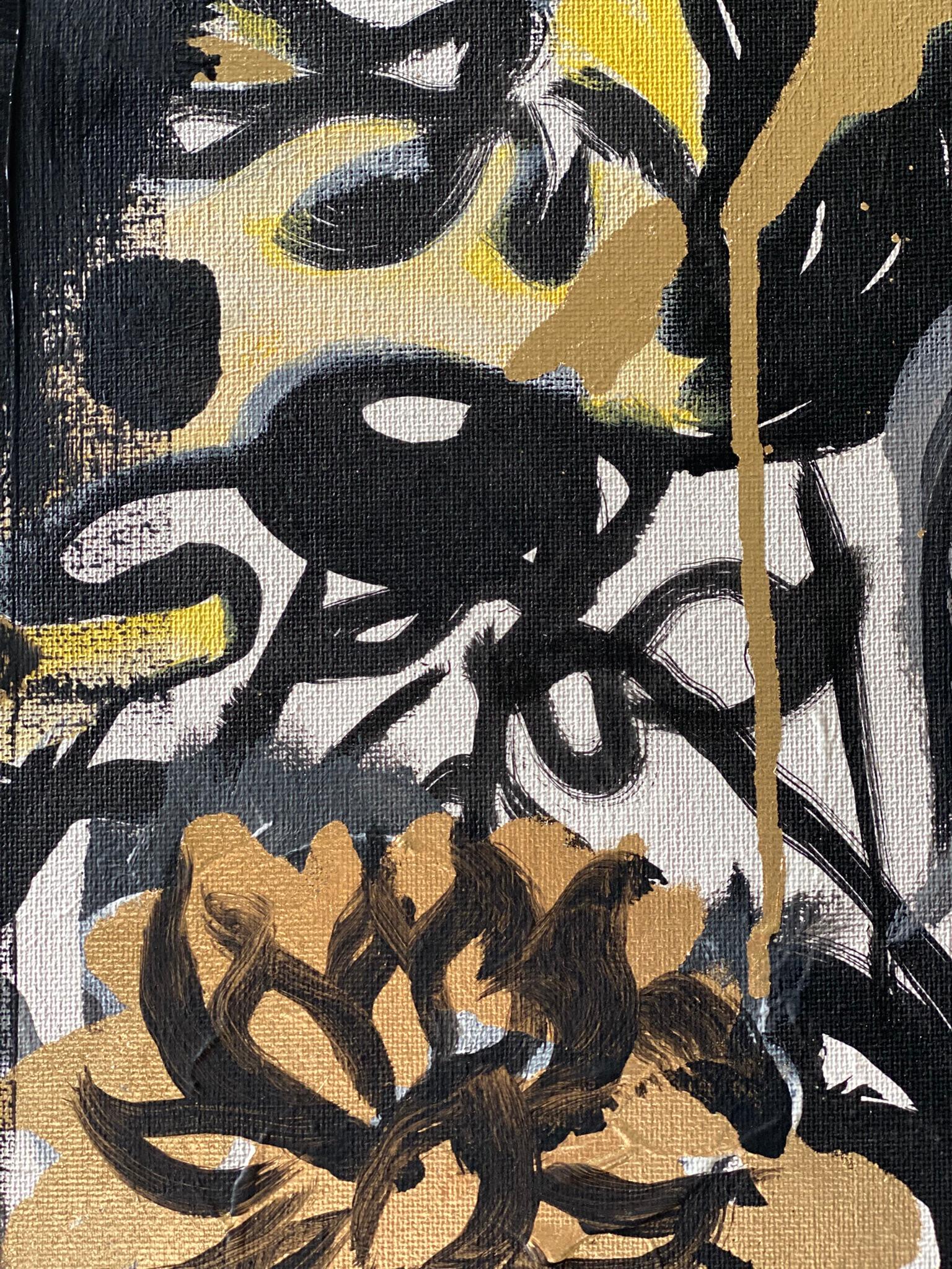 Original-Sunset Dahlias-British Awarded Artist-Gold Leaf+ Oil+ Ink on Canvas For Sale 9