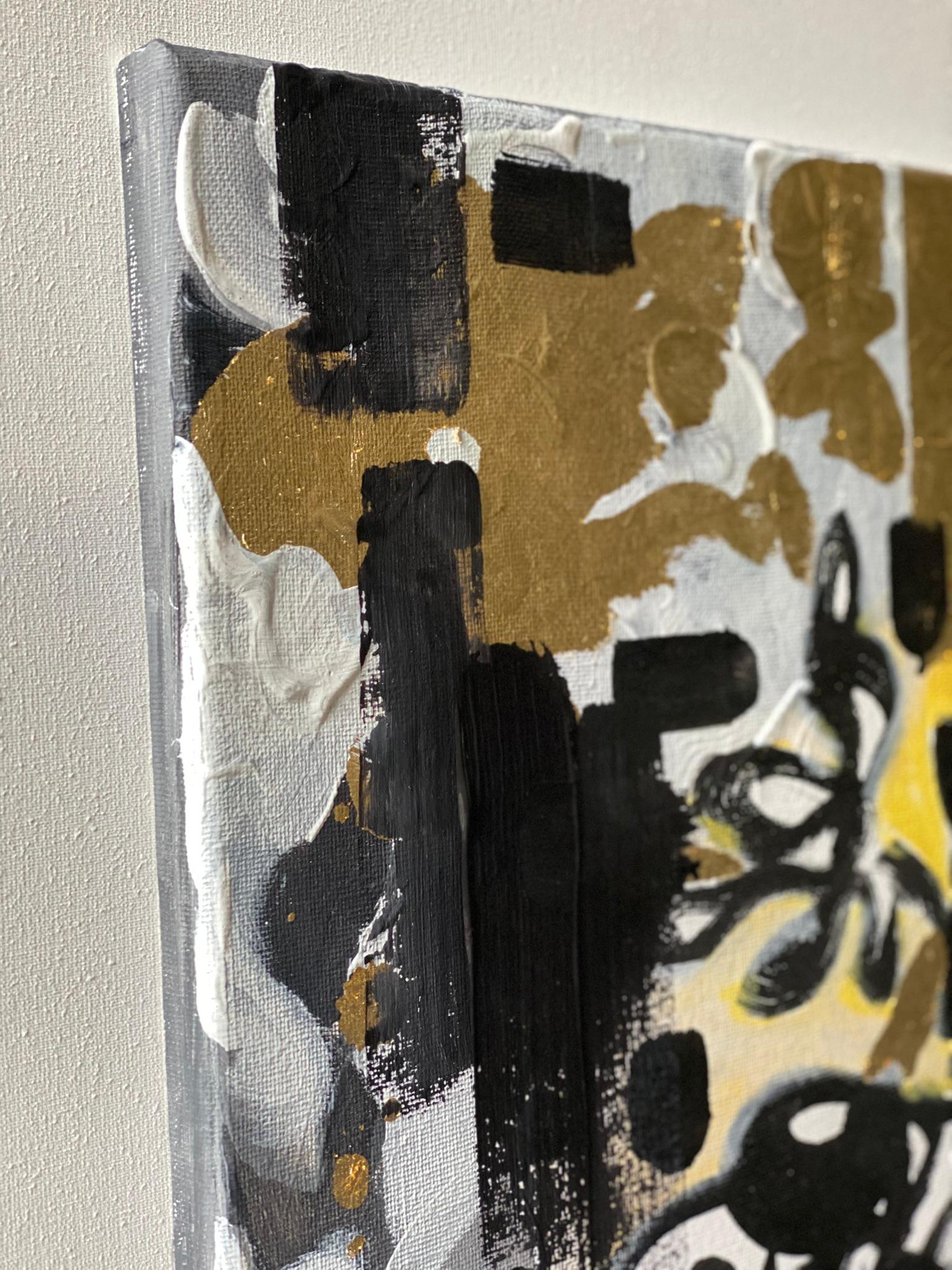Original-Sunset Dahlias-British Awarded Artist-Gold Leaf+ Oil+ Ink on Canvas For Sale 11