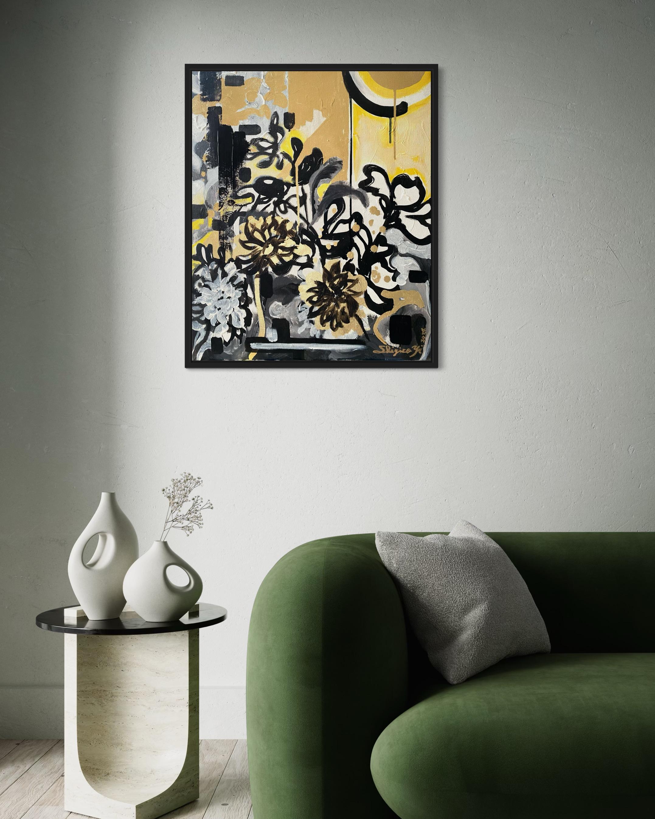 Original-Sunset Dahlias-British Awarded Artist-Gold Leaf+ Oil+ Ink on Canvas - Painting by Shizico Yi