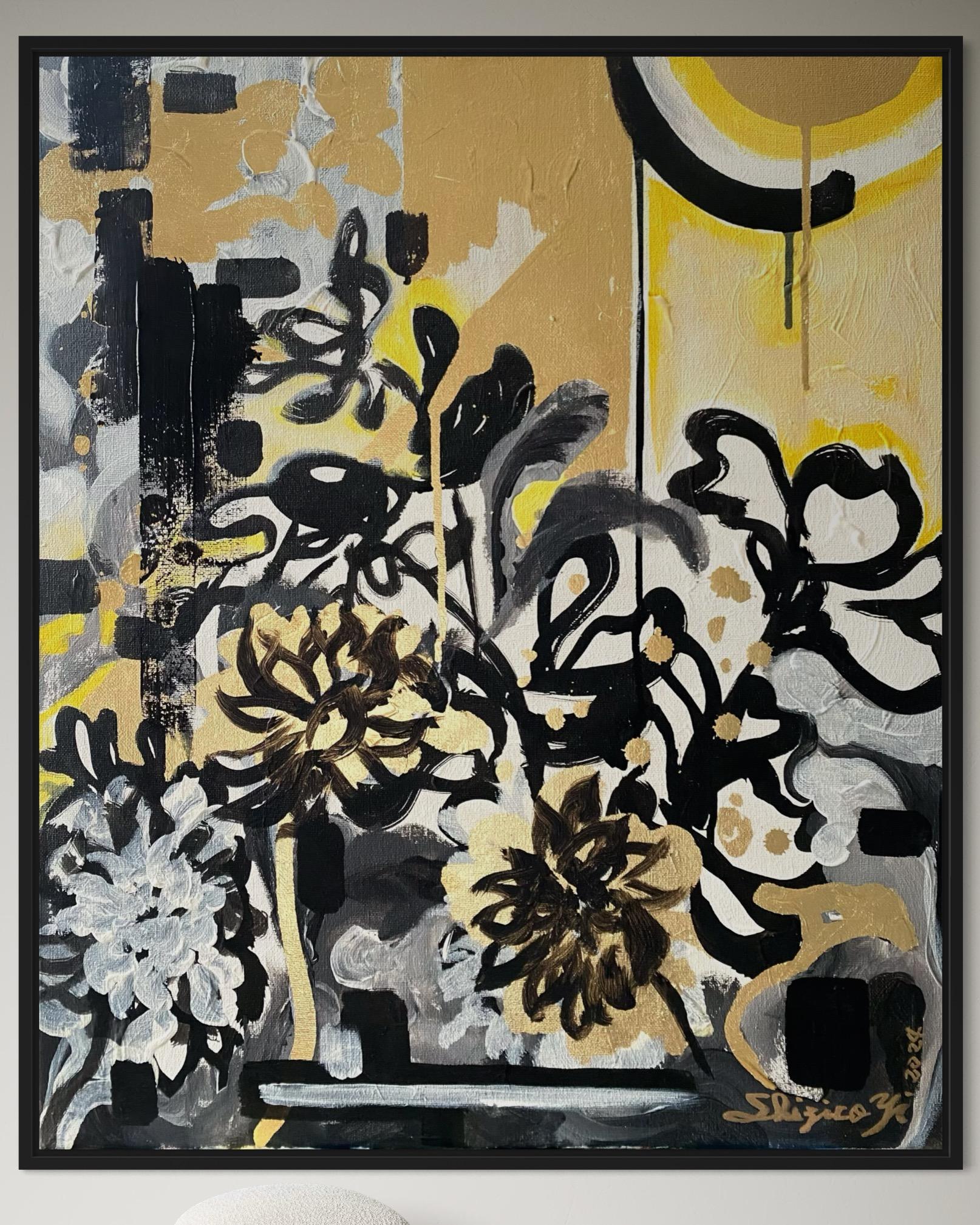 Original-Sunset Dahlias-British Awarded Artist-Gold Leaf+ Oil+ Ink on Canvas - Abstract Expressionist Painting by Shizico Yi