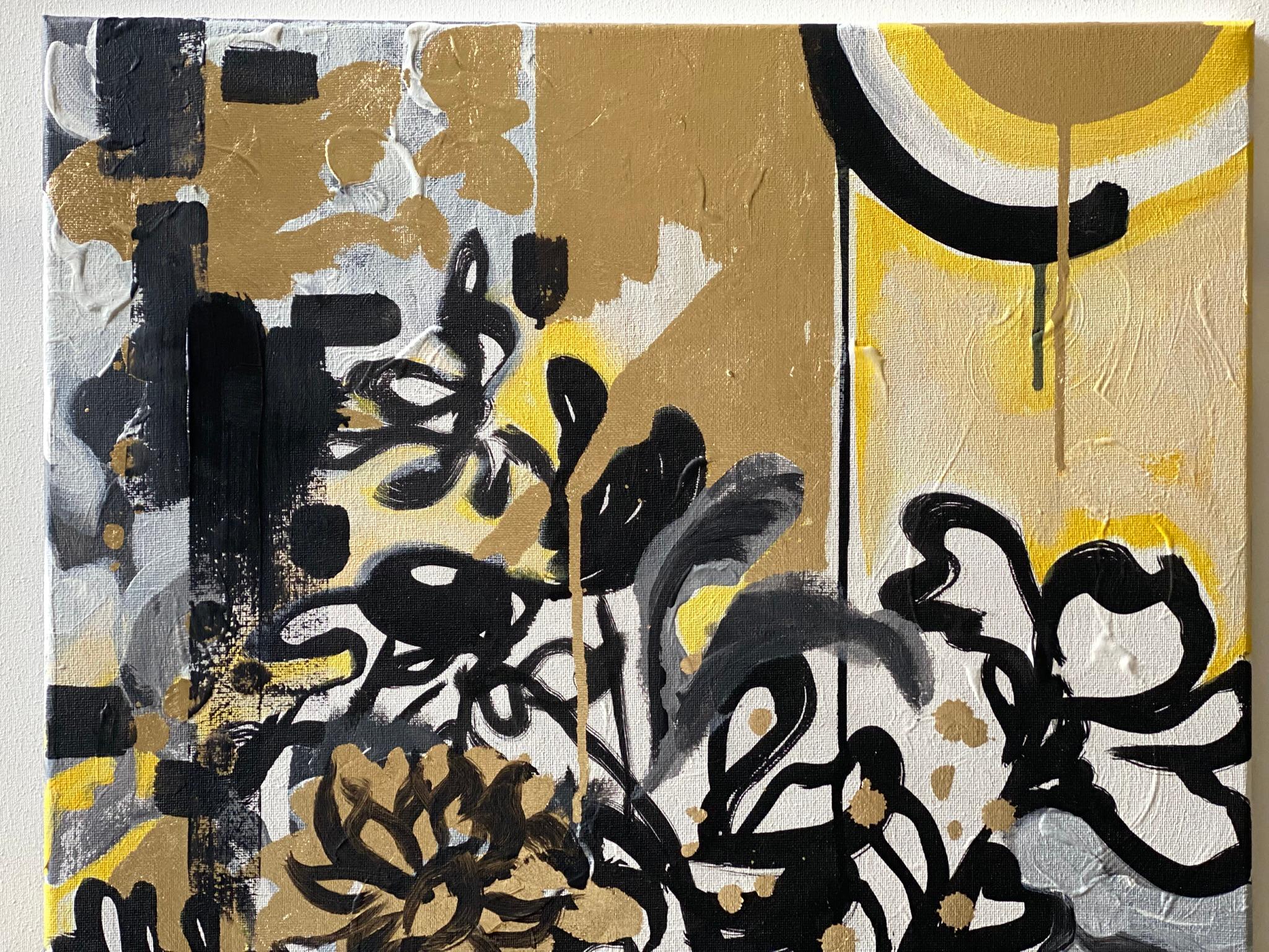 Original-Sunset Dahlias-British Awarded Artist-Gold Leaf+ Oil+ Ink on Canvas For Sale 13