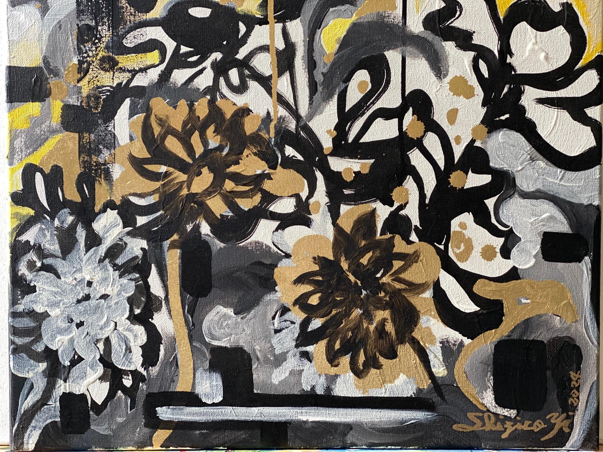 Original-Sunset Dahlias-British Awarded Artist-Gold Leaf+ Oil+ Ink on Canvas For Sale 14