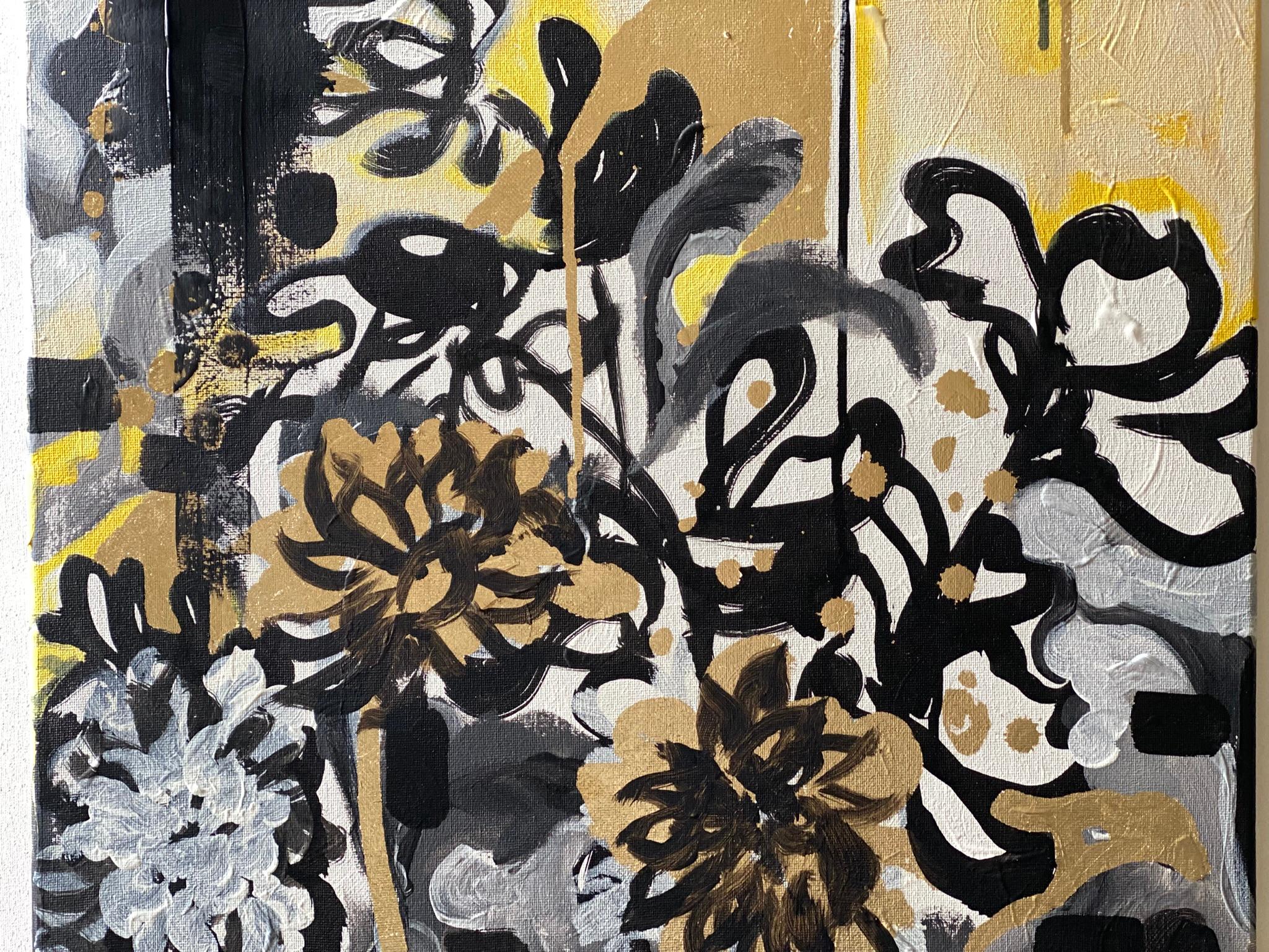 Original-Sunset Dahlias-British Awarded Artist-Gold Leaf+ Oil+ Ink on Canvas For Sale 15