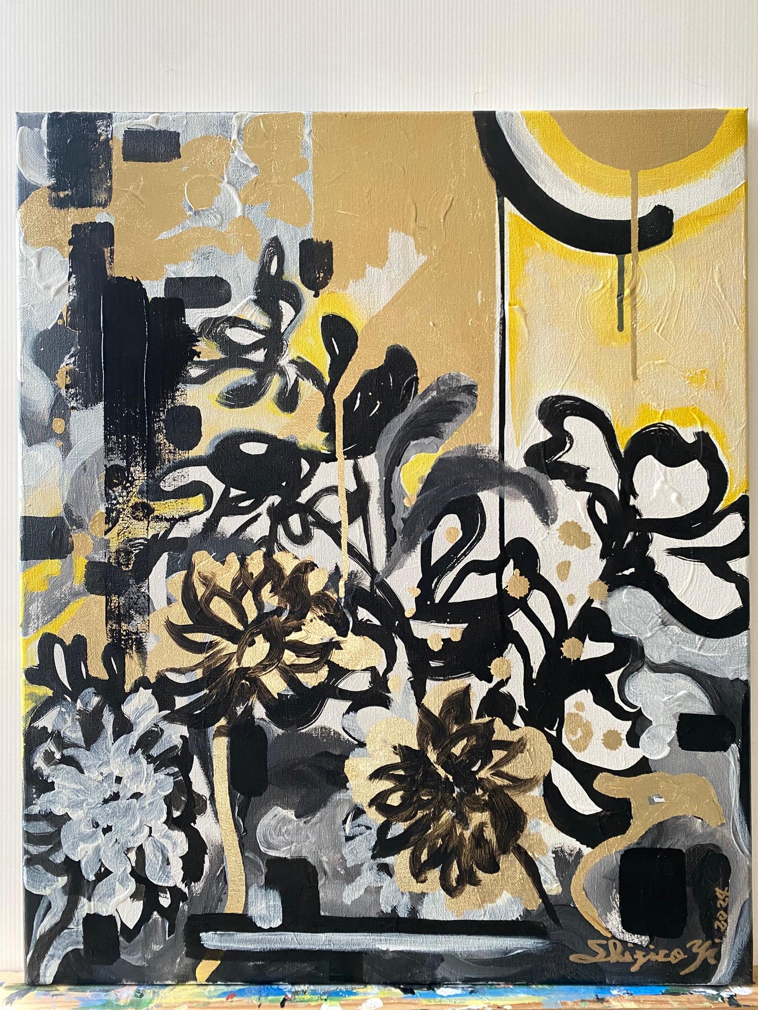 Original-Sunset Dahlias-British Awarded Artist-Gold Leaf+ Oil+ Ink on Canvas For Sale 12