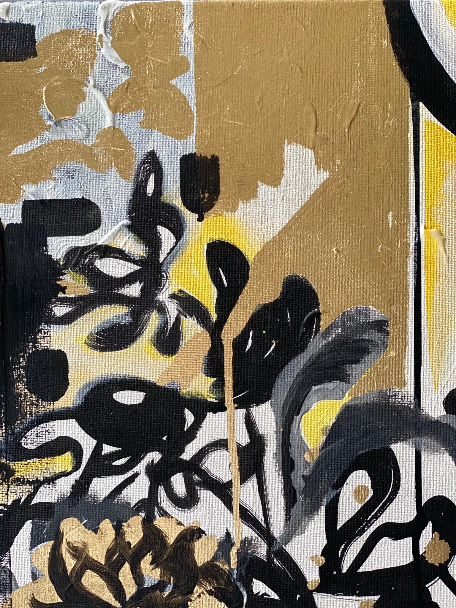 Original-Sunset Dahlias-British Awarded Artist-Gold Leaf+ Oil+ Ink on Canvas For Sale 1