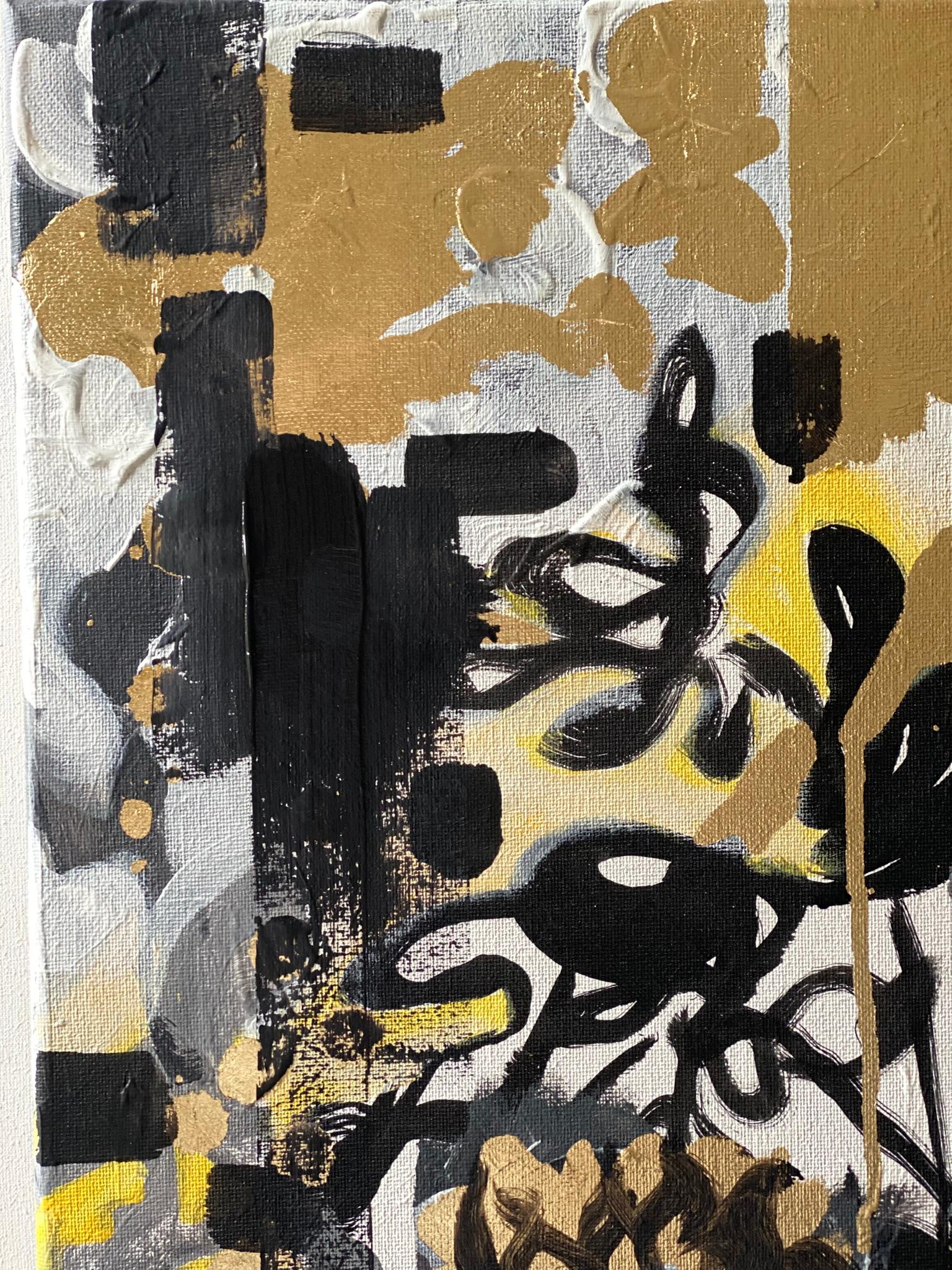 Original-Sunset Dahlias-British Awarded Artist-Gold Leaf+ Oil+ Ink on Canvas For Sale 2