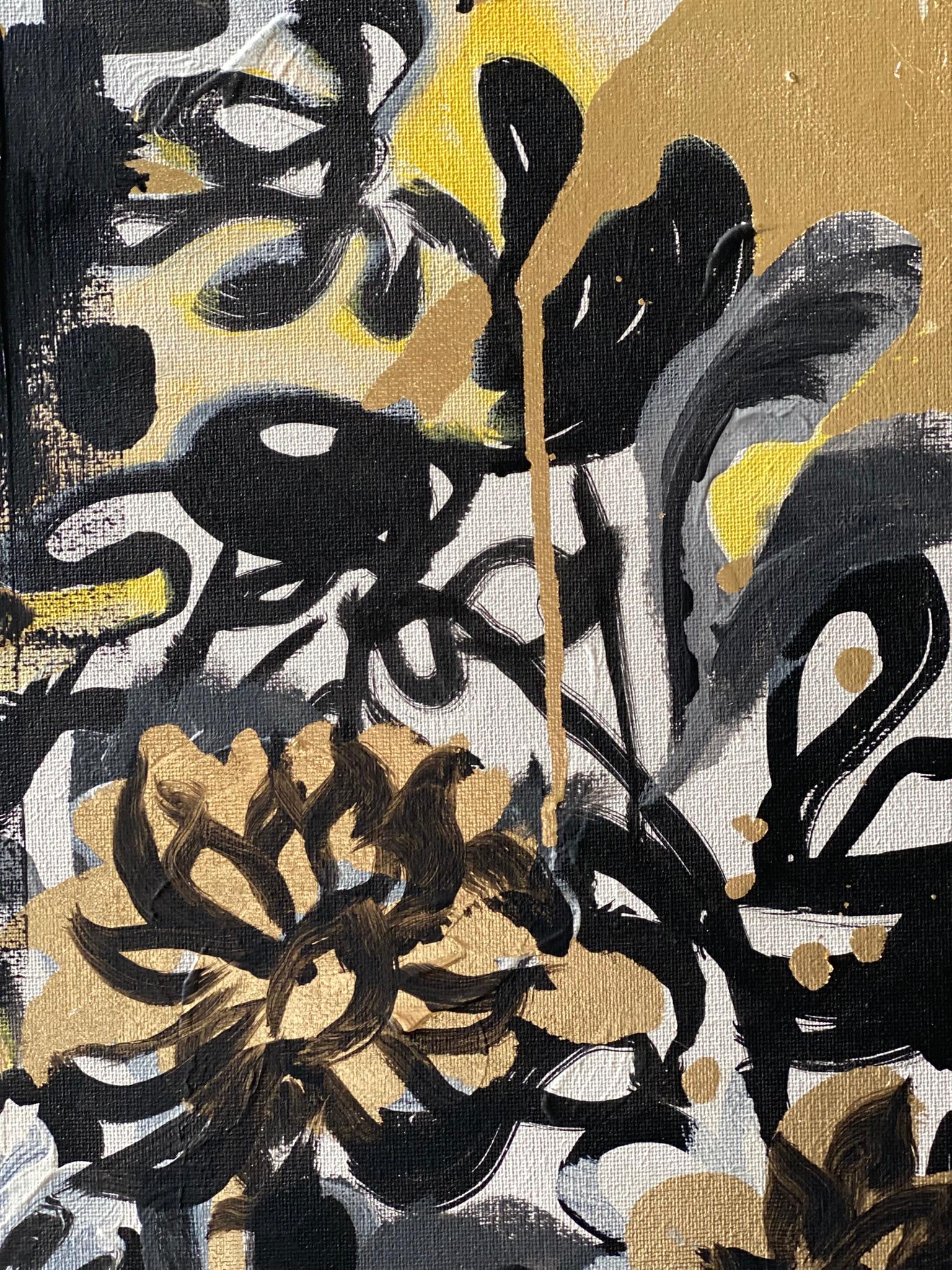 Original-Sunset Dahlias-British Awarded Artist-Gold Leaf+ Oil+ Ink on Canvas For Sale 3