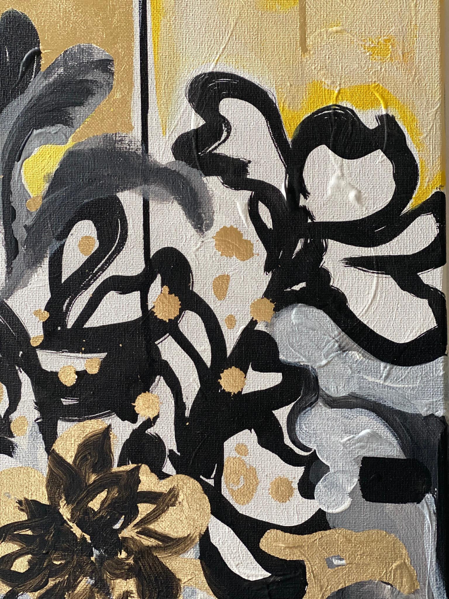 Original-Sunset Dahlias-British Awarded Artist-Gold Leaf+ Oil+ Ink on Canvas For Sale 4