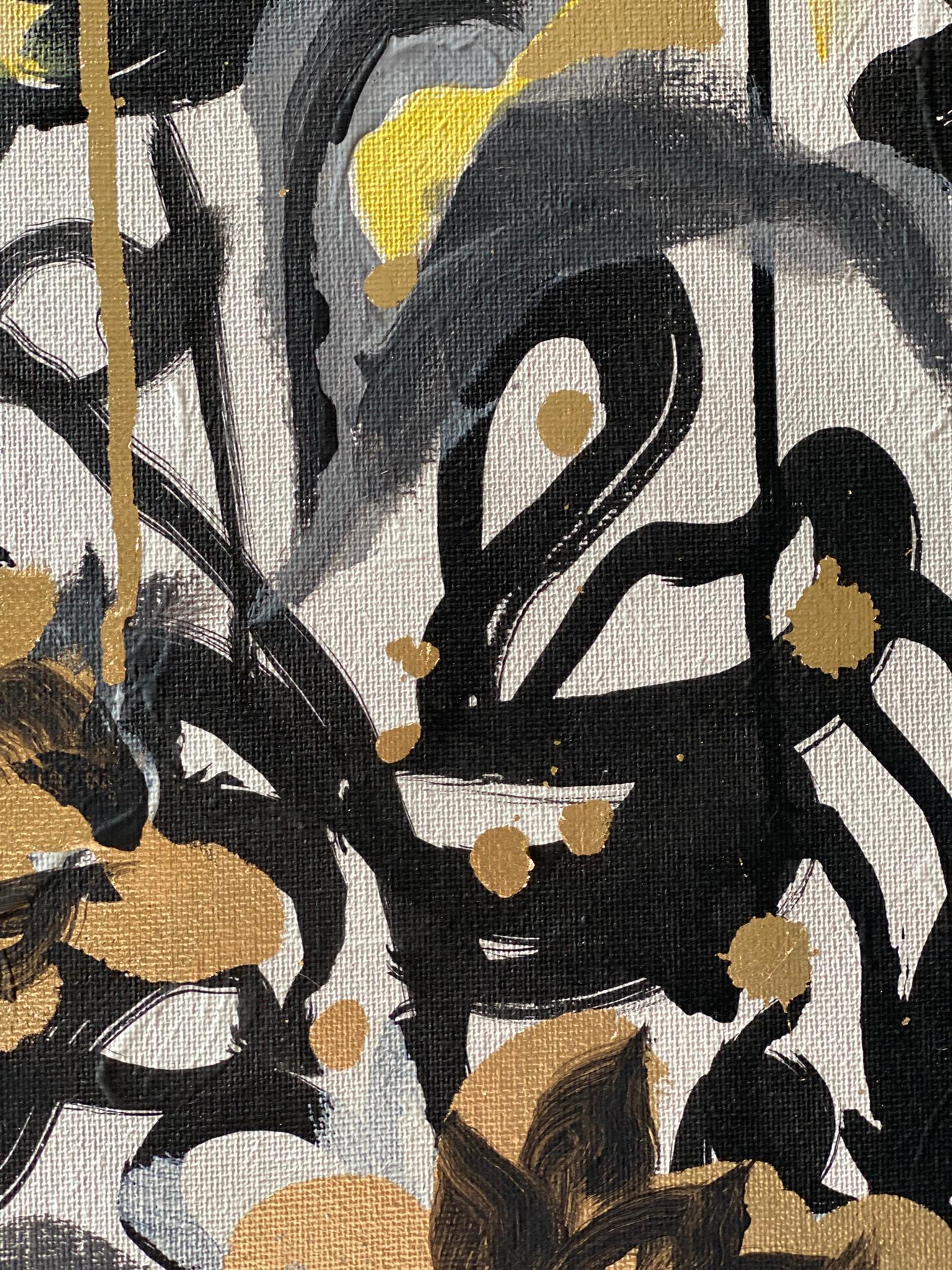 Original-Sunset Dahlias-British Awarded Artist-Gold Leaf+ Oil+ Ink on Canvas For Sale 6
