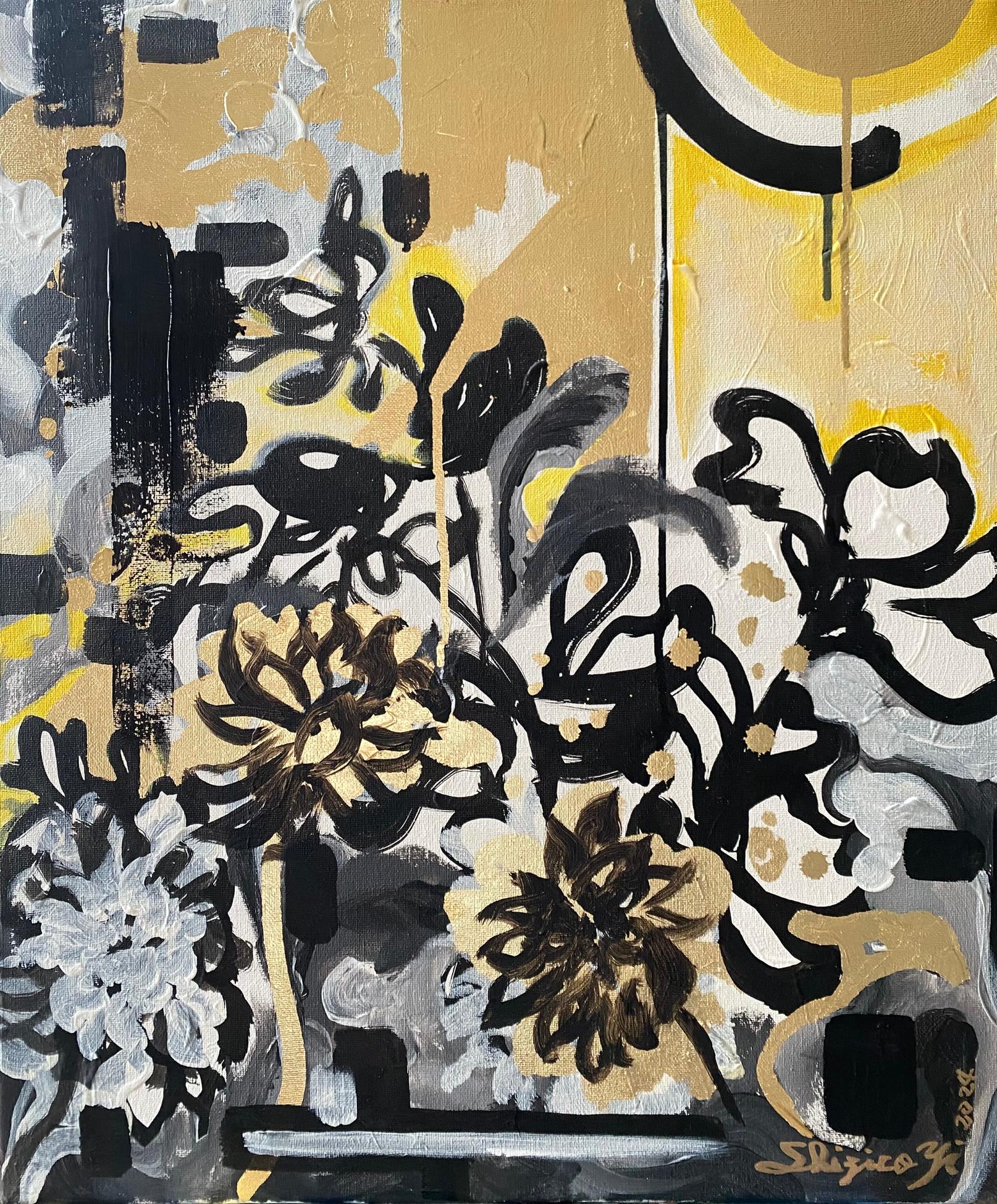 Original-Sunset Dahlias-British Awarded Artist-Gold Leaf+ Oil+ Ink on Canvas