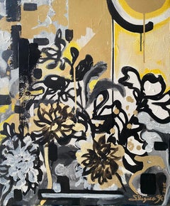 Originale - Dalie al tramonto - Artista britannico premiato - Foglia d'oro+ Olio+ Inchiostro su tela