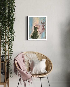 Original-Sunset Meditation-Abstract Expression-UK Awarded Artist-Cat-red sky