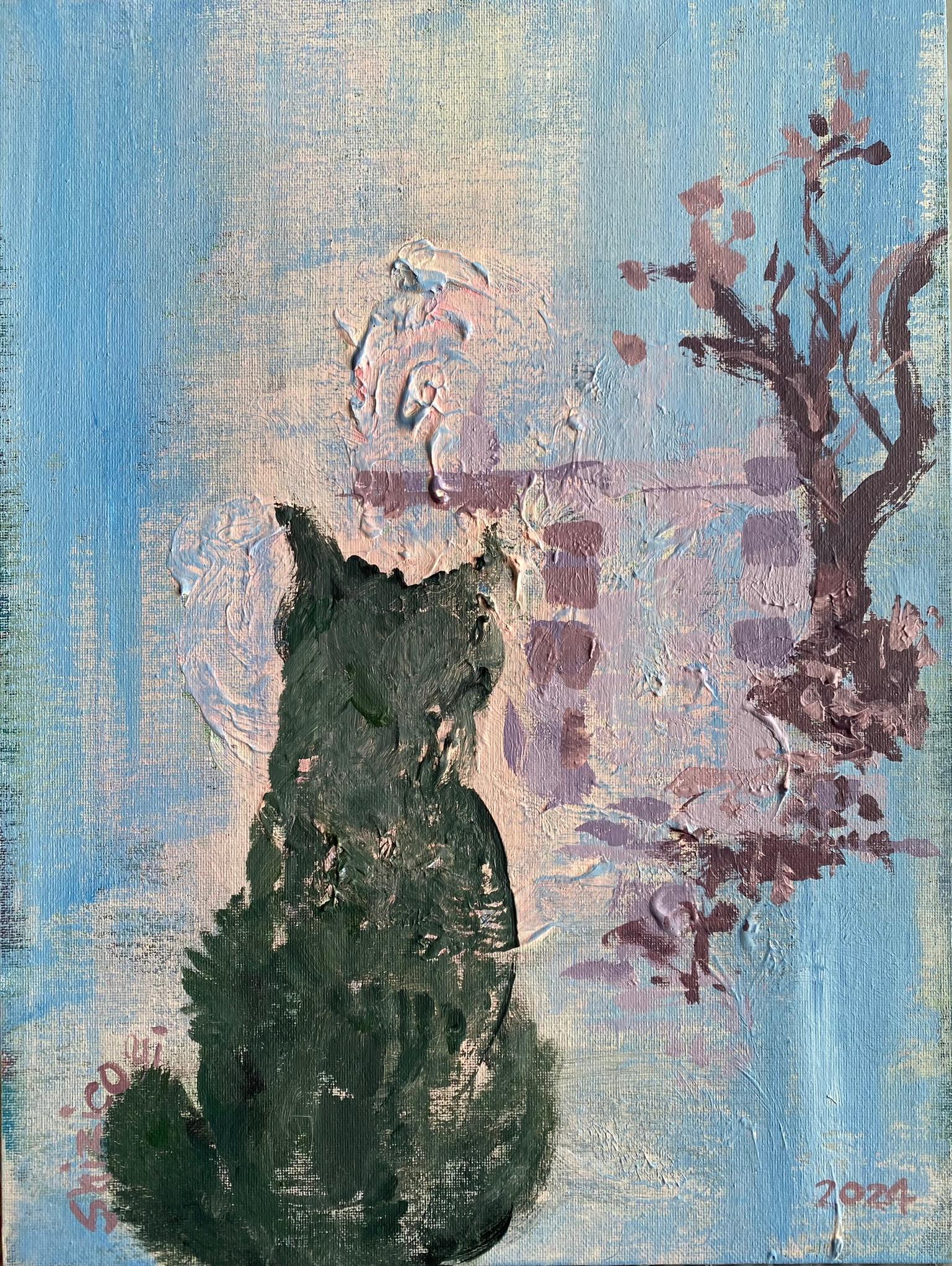 Shizico Yi Animal Painting – Original-Sunset Meditation-Abstrakte Expression-UK ausgezeichneter Künstler-Cat-red Sky