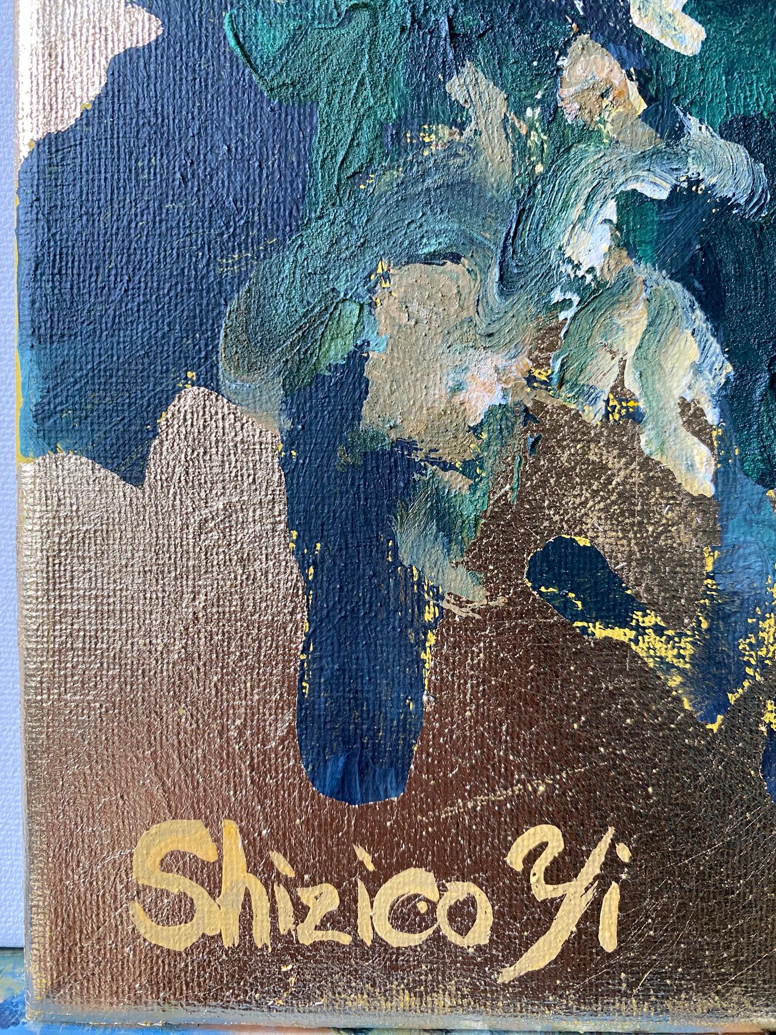 Originale-Sunset Song-Artista britannico premiato-Foglia d'oro-en plein air-Tela ad olio - Landscape Painting Oro di Shizico Yi