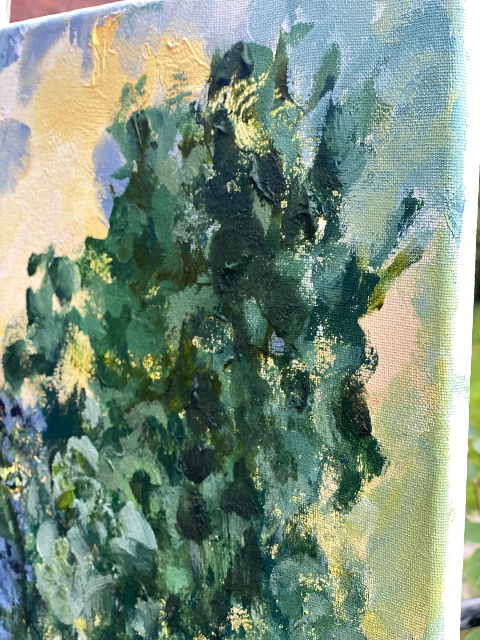 Original-Sunset Song-en plein air Oil-British Awarded Artist-Lime Tree vs sunset For Sale 8
