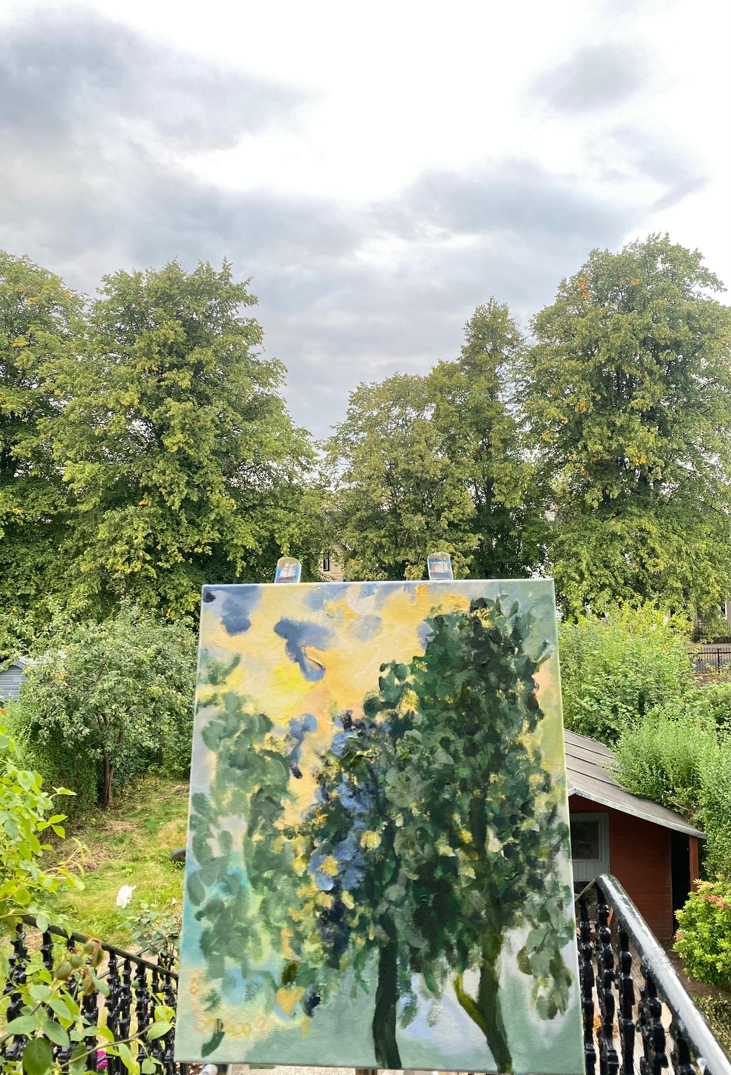 Original-Sunset Song-en plein air Oil-British Awarded Artist-Lime Tree vs sunset For Sale 15