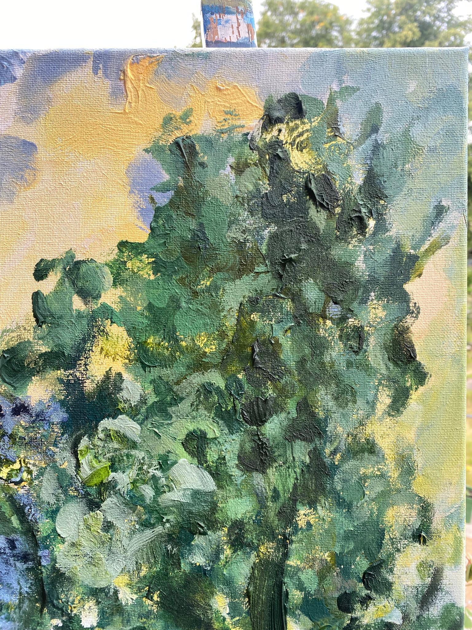 Original-Sunset Song-en plein air Oil-British Awarded Artist-Lime Tree vs sunset - Abstract Impressionist Painting by Shizico Yi