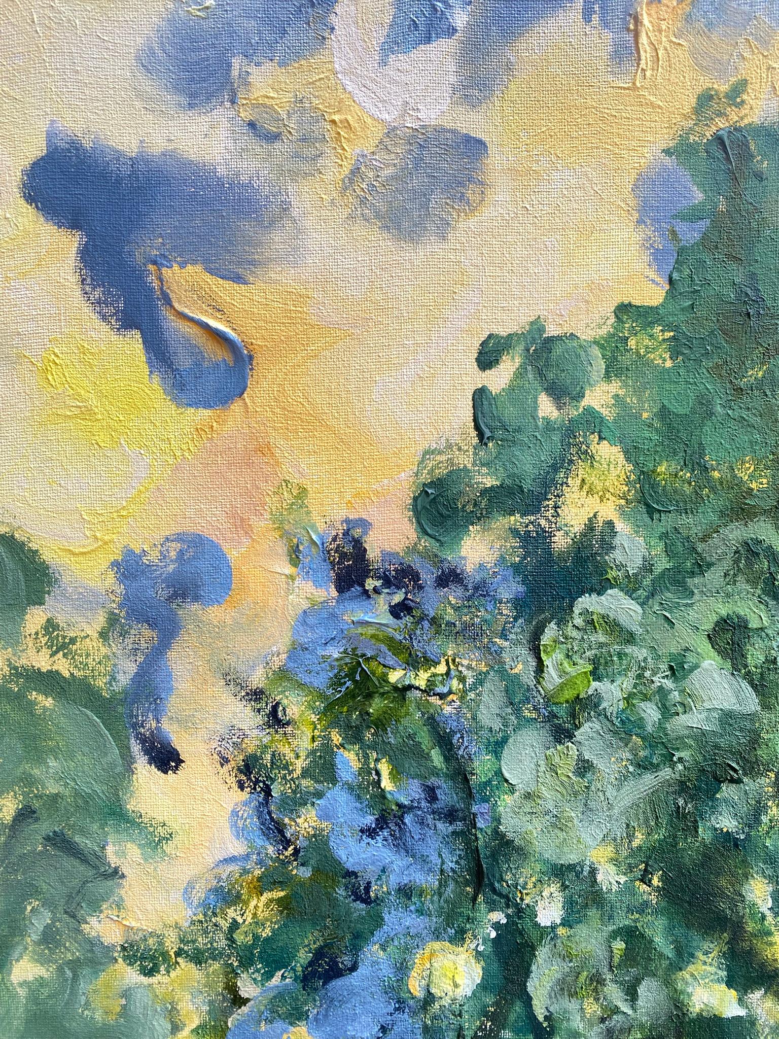 Original-Sunset Song-en plein air Oil-British Awarded Artist-Lime Tree vs sunset - Blue Landscape Painting by Shizico Yi