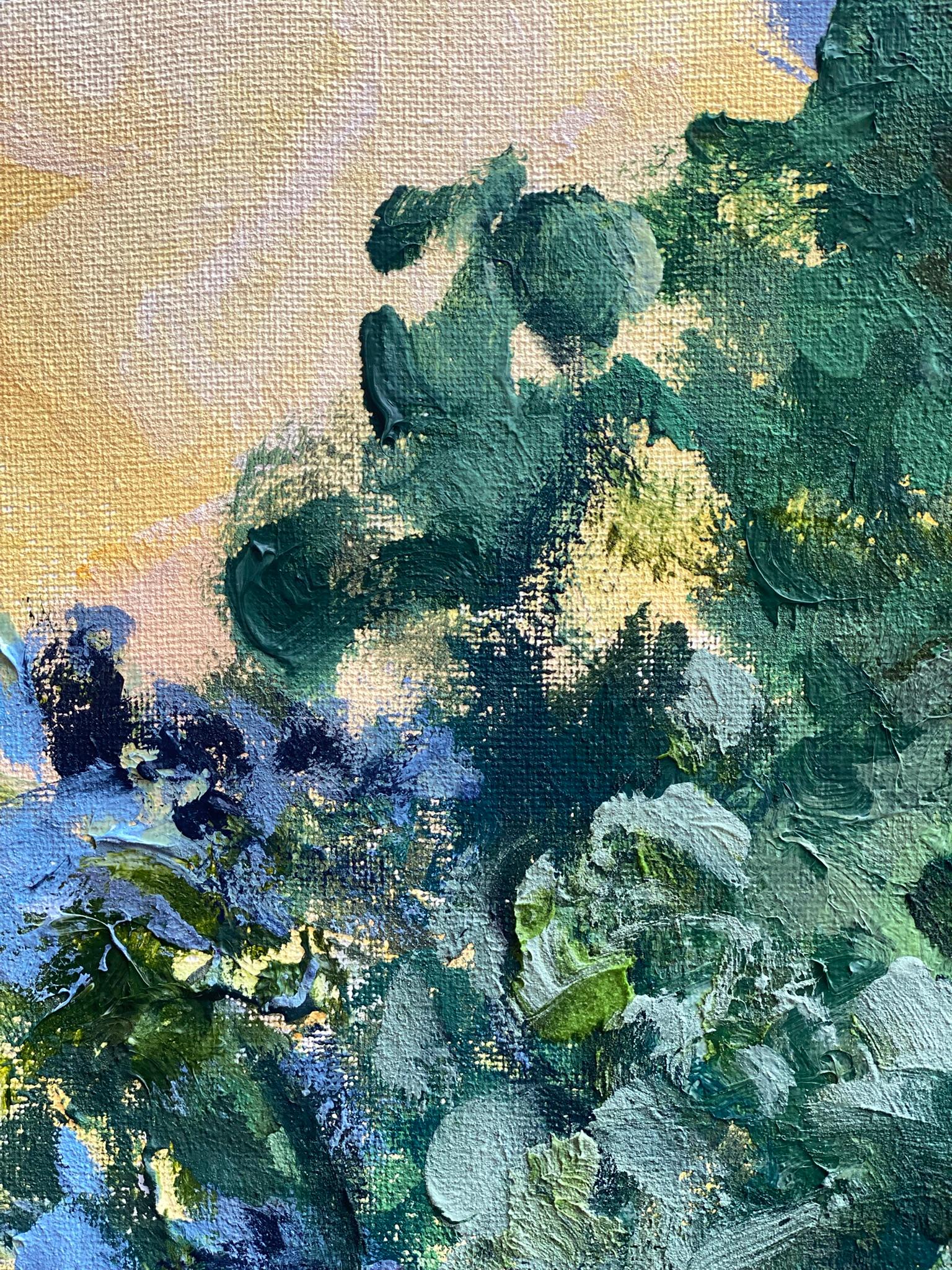 Original-Sunset Song-en plein air Oil-British Awarded Artist-Lime Tree vs sunset For Sale 2