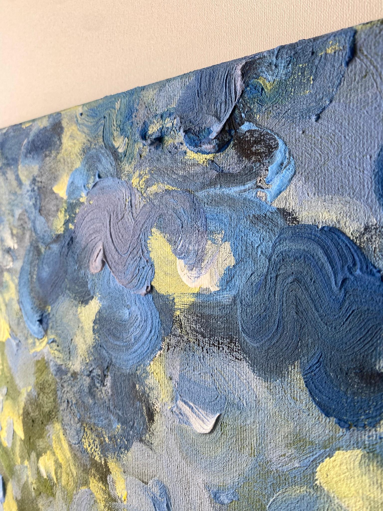 Original-Sonnenuntergangslied mit Blau und Grün-British Awarded Artist-en plein air-Öl im Angebot 6