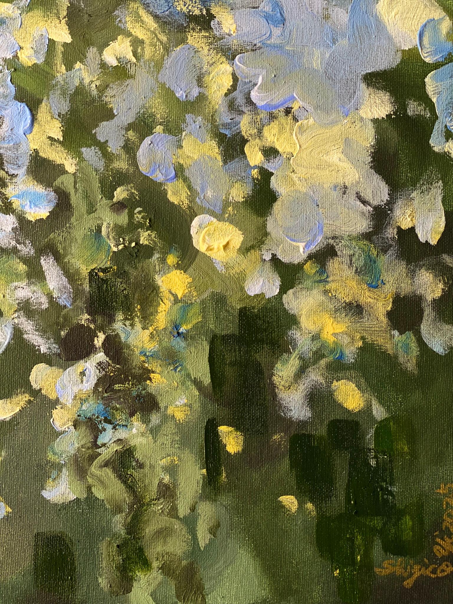 Original-Sonnenuntergangslied mit Blau und Grün-British Awarded Artist-en plein air-Öl im Angebot 10
