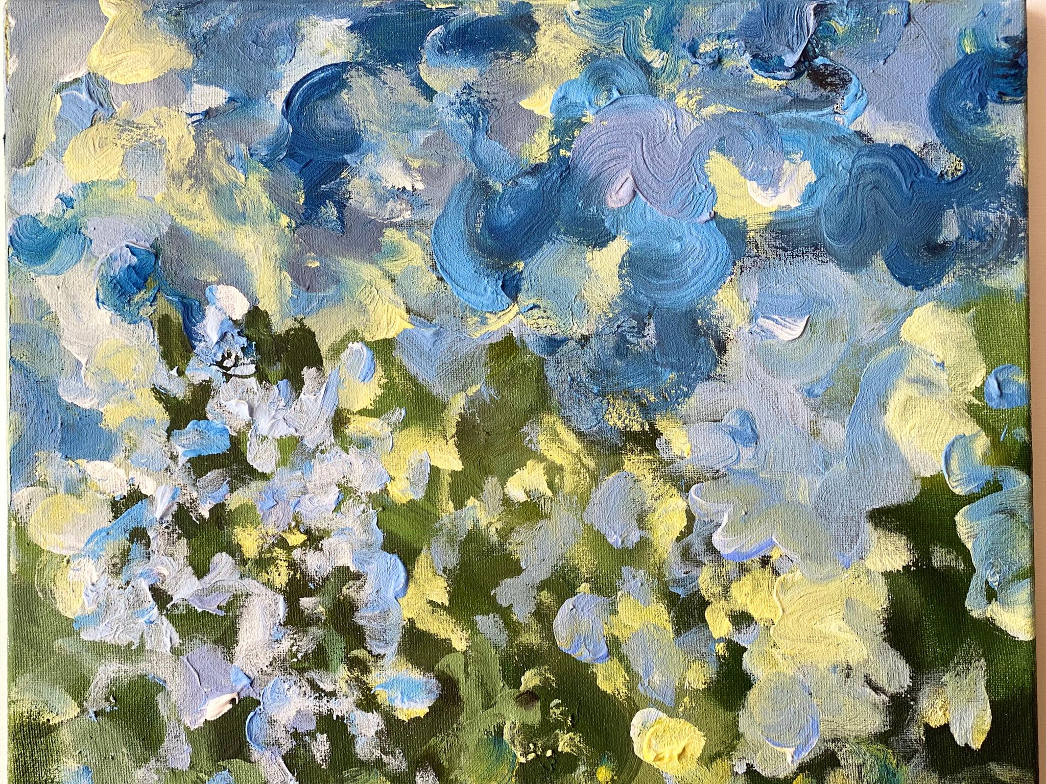 Original-Sonnenuntergangslied mit Blau und Grün-British Awarded Artist-en plein air-Öl im Angebot 15