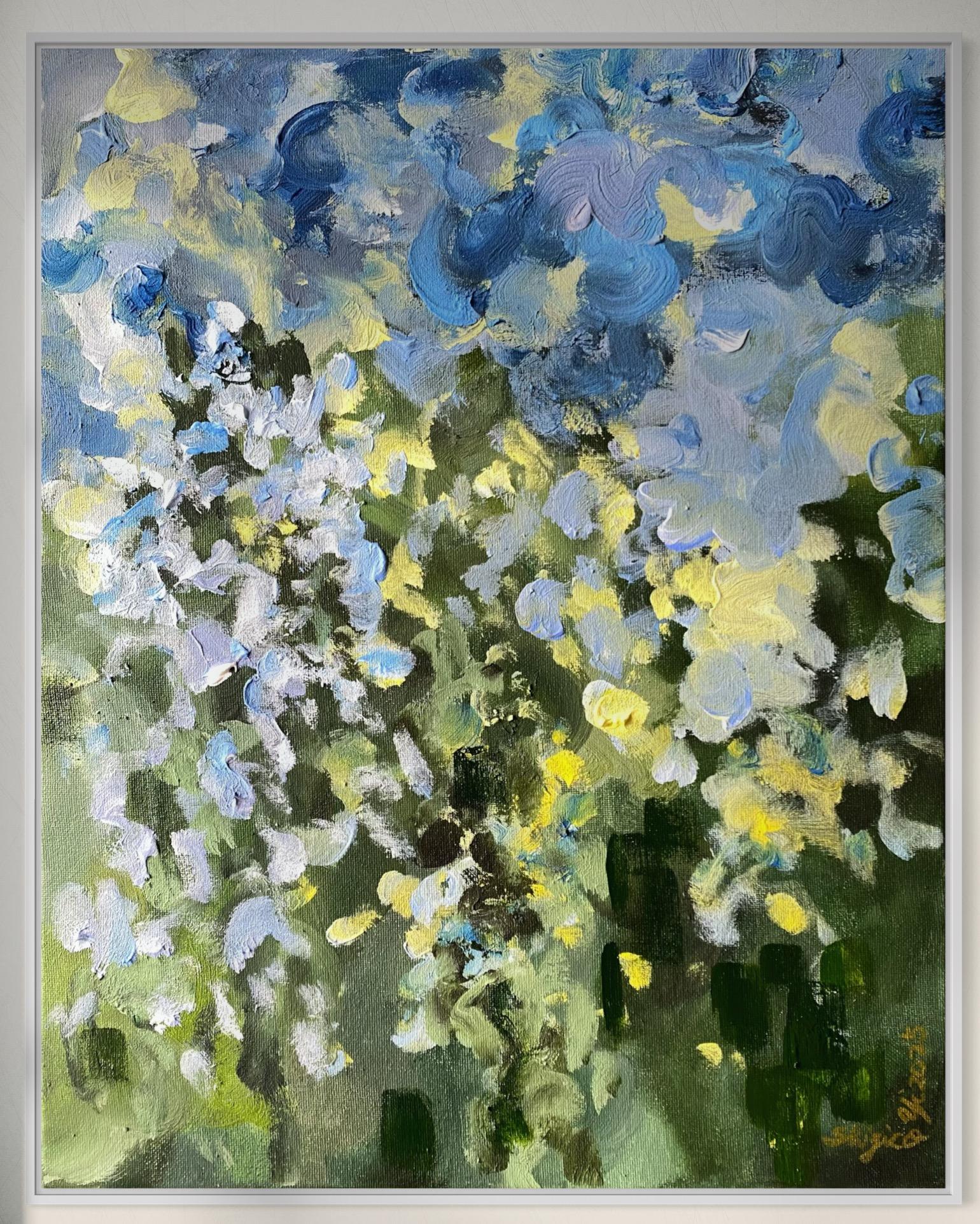 Original-Sonnenuntergangslied mit Blau und Grün-British Awarded Artist-en plein air-Öl (Abstrakter Impressionismus), Painting, von Shizico Yi