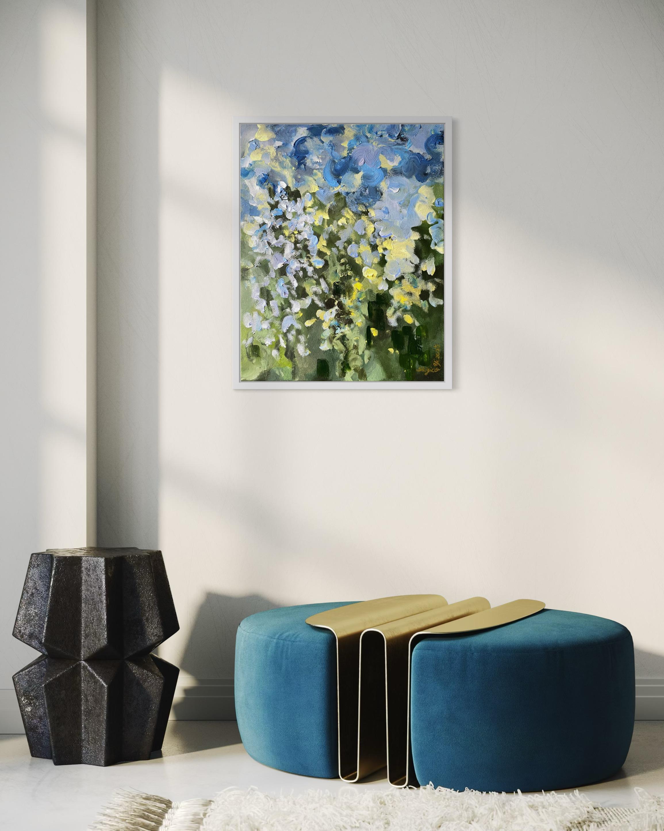 Original-Sonnenuntergangslied mit Blau und Grün-British Awarded Artist-en plein air-Öl (Grau), Landscape Painting, von Shizico Yi