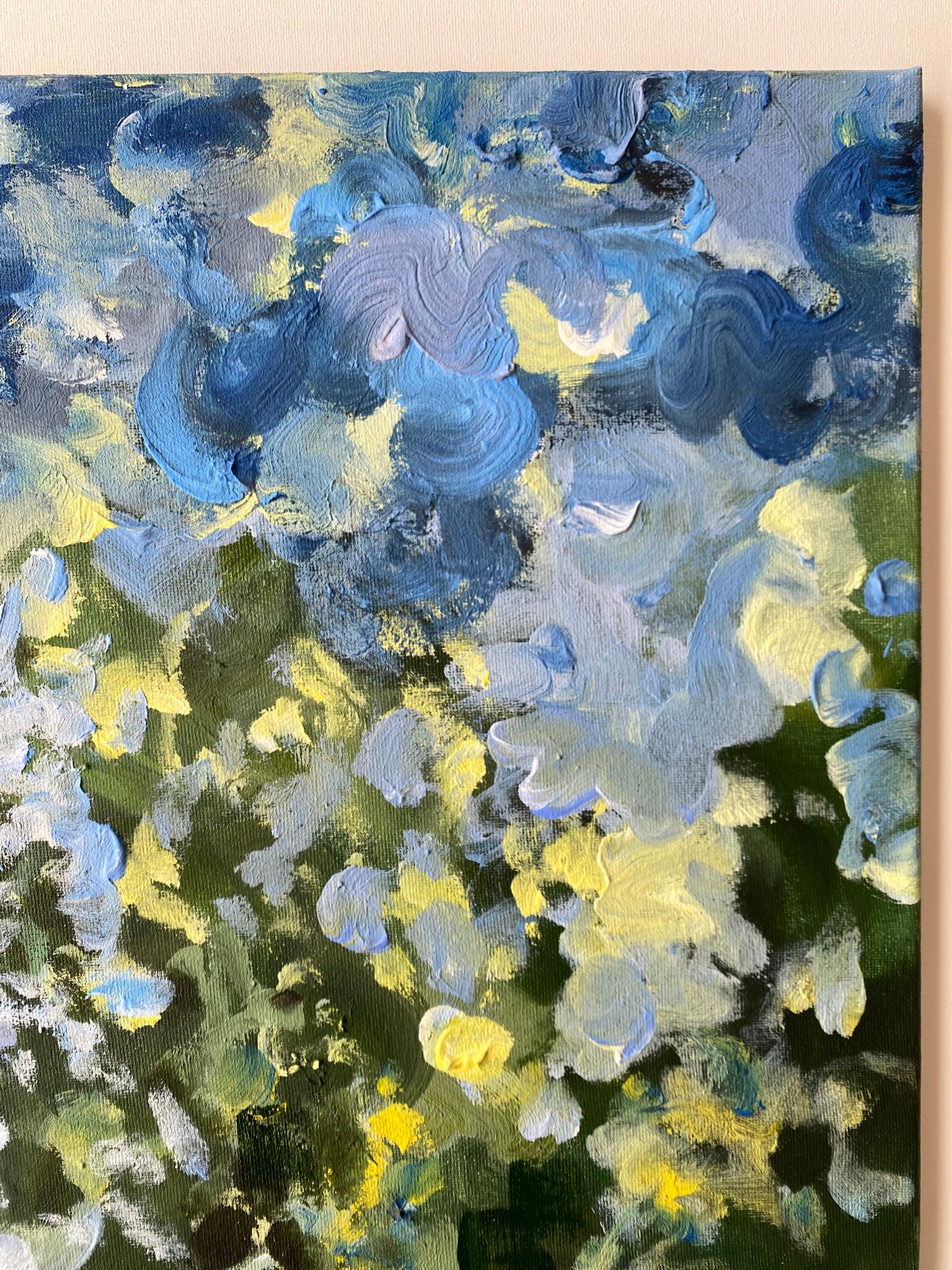 Original-Sonnenuntergangslied mit Blau und Grün-British Awarded Artist-en plein air-Öl im Angebot 1