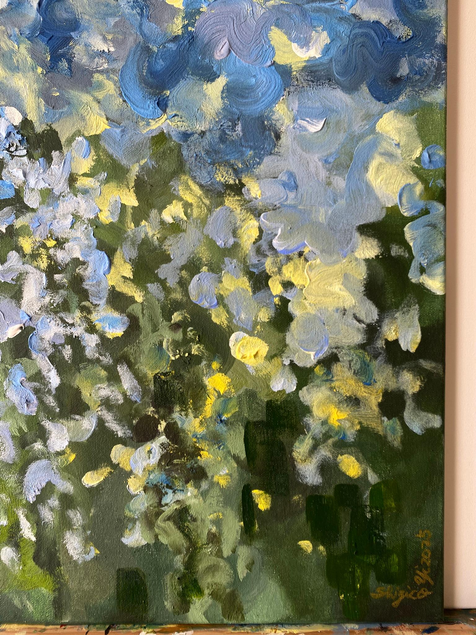 Original-Sonnenuntergangslied mit Blau und Grün-British Awarded Artist-en plein air-Öl im Angebot 2