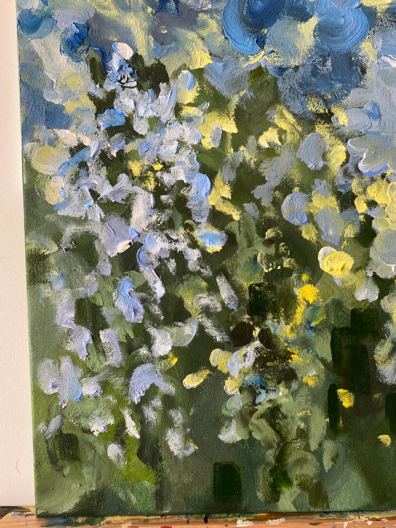 Original-Sonnenuntergangslied mit Blau und Grün-British Awarded Artist-en plein air-Öl im Angebot 3