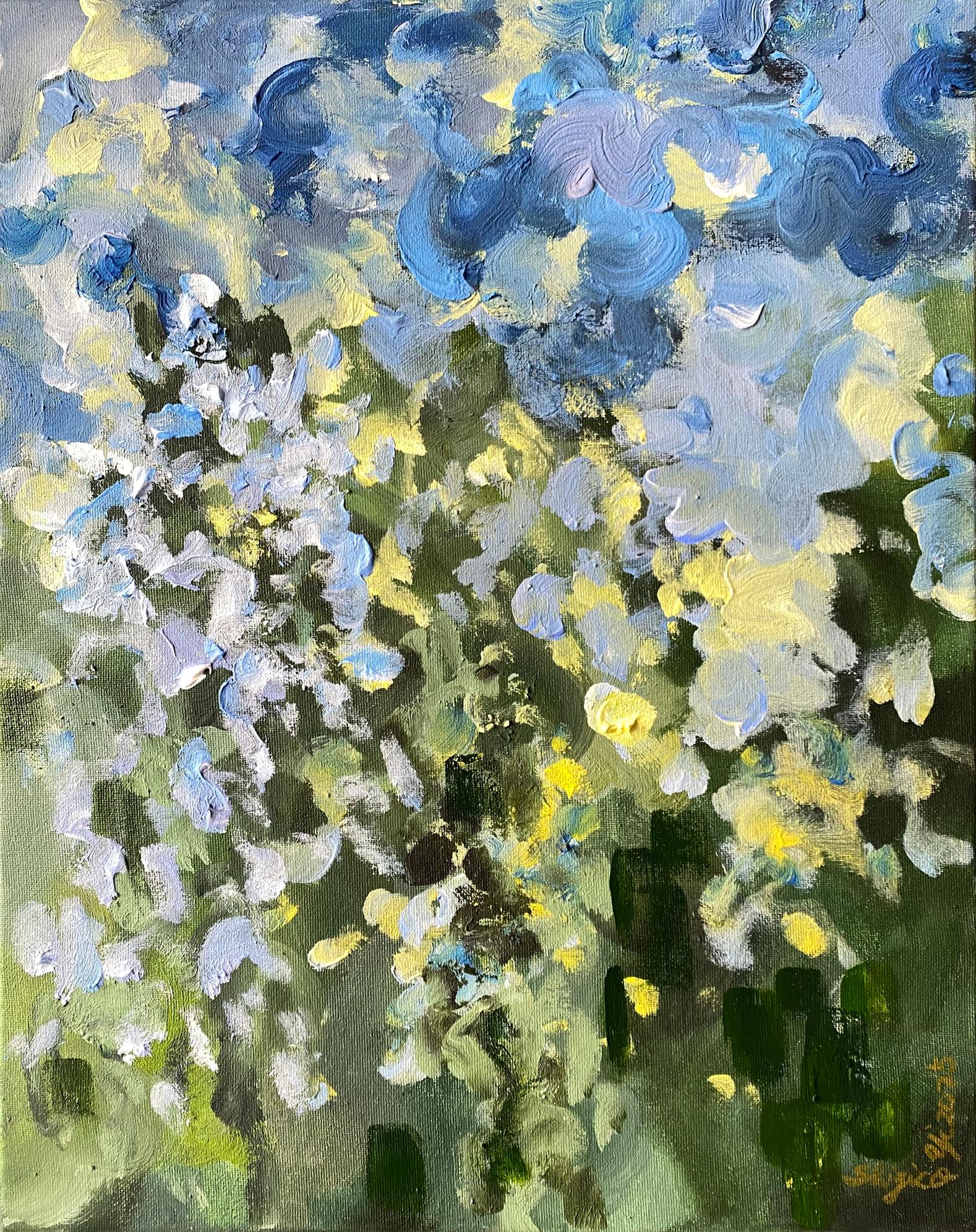 Original-Sonnenuntergangslied mit Blau und Grün-British Awarded Artist-en plein air-Öl