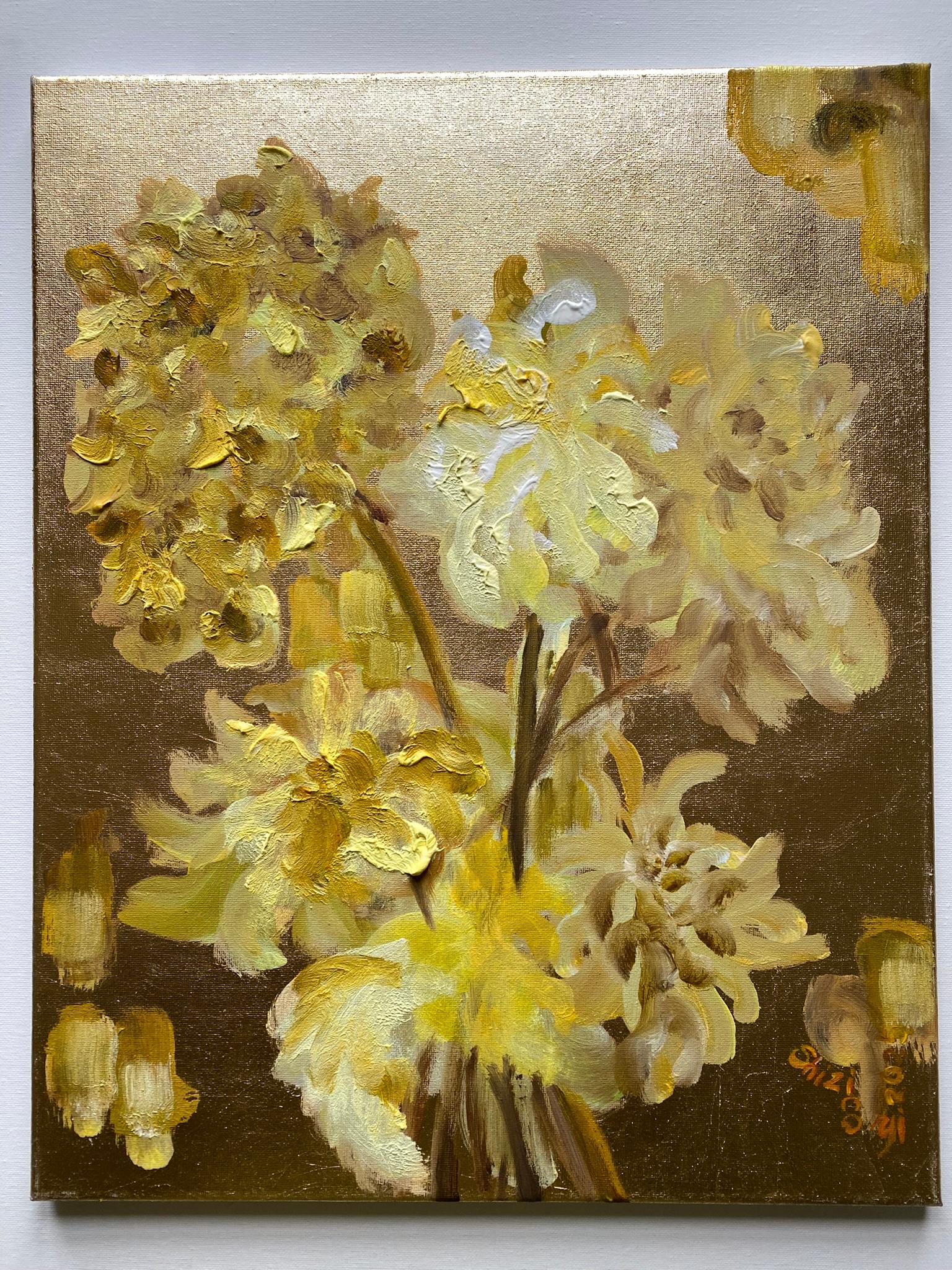 Original-To make a Garden-British Awarded Artist-oil and gold leaf on canvas For Sale 11