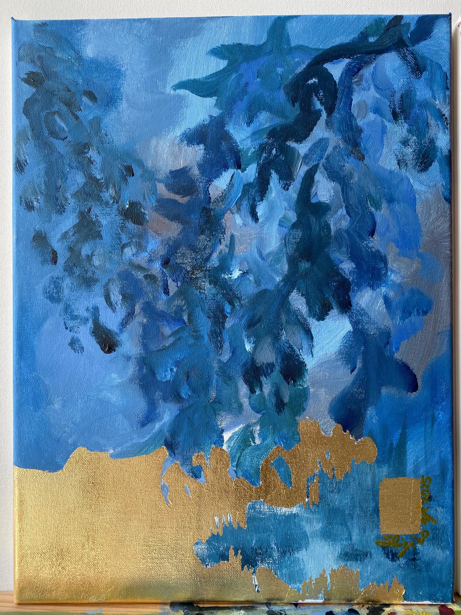 Trittico originale-Scuola britannica-Artista premiato britannico-foglia d'oro-impressione - Abstract Painting Oro di Shizico Yi
