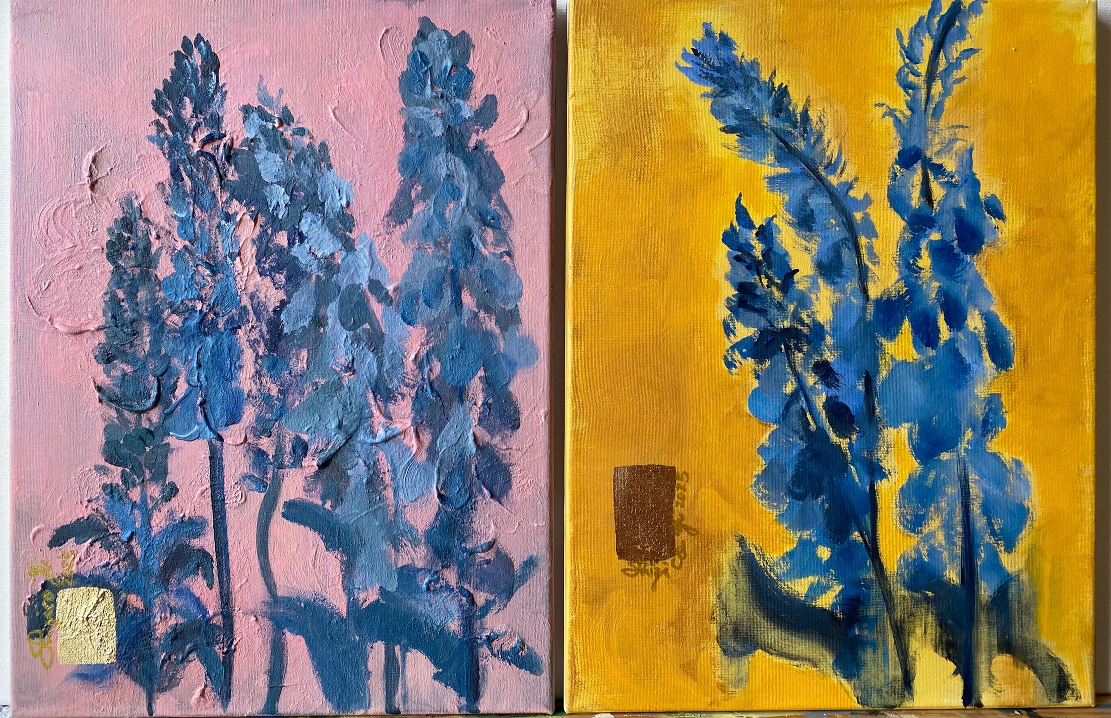 Trittico originale-Foxgloves-Artista britannico premiato-Impressione-Impasto-Foglia d'oro - Painting di Shizico Yi