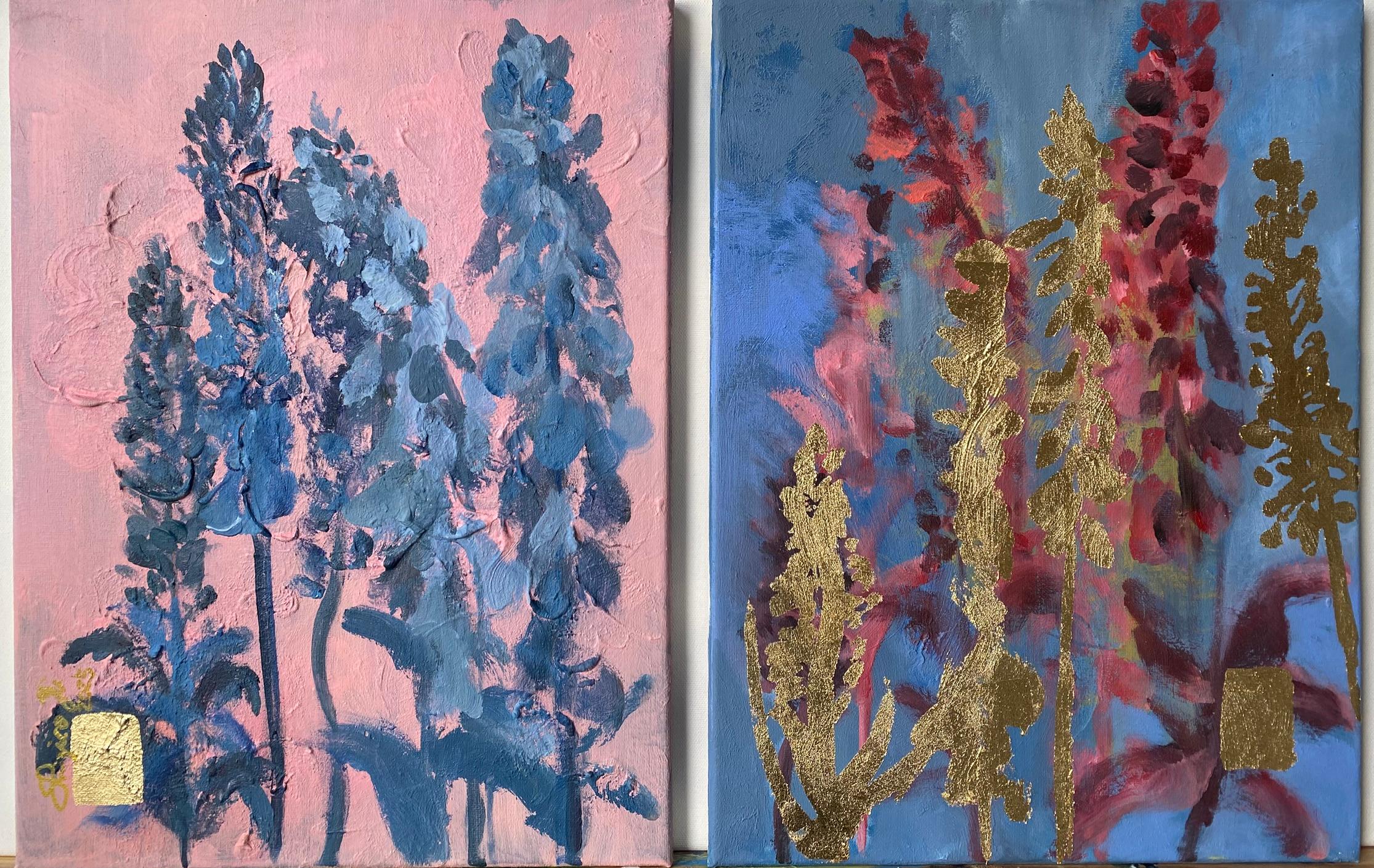 Trittico originale-Foxgloves-Artista britannico premiato-Impressione-Impasto-Foglia d'oro - Landscape Painting Oro di Shizico Yi