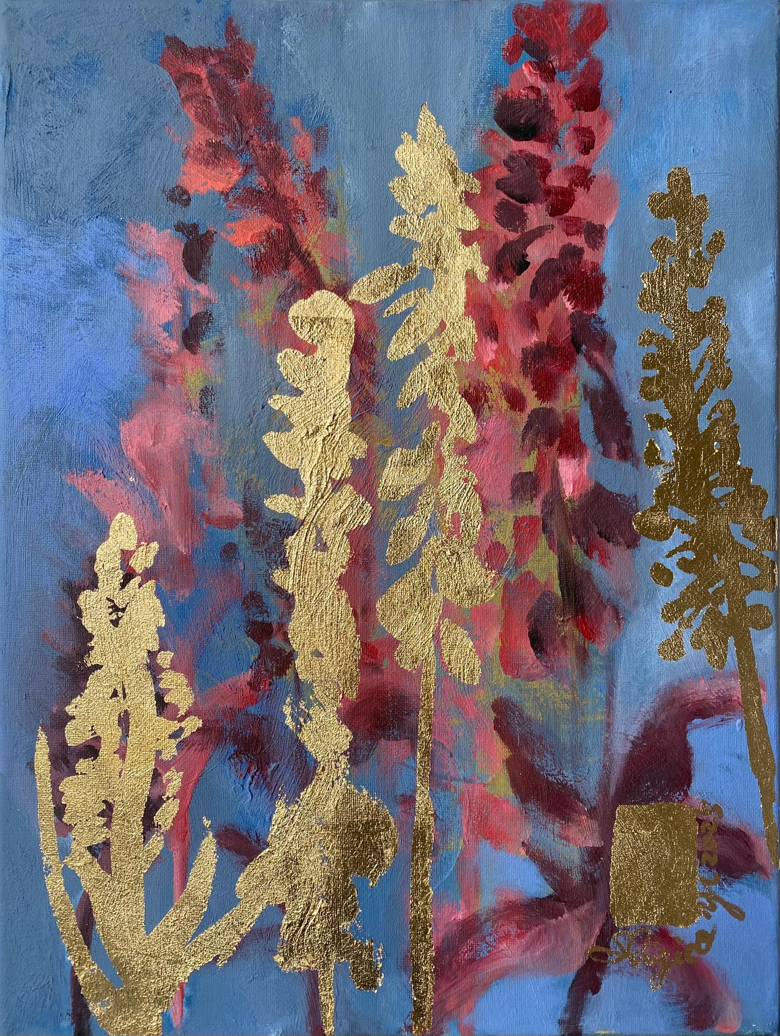 Trittico originale-Foxgloves-Artista britannico premiato-Impressione-Impasto-Foglia d'oro in vendita 1