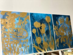Triptyque original Garden Story-le Bleu-Artiste britannique primé-feuille d'or sur huile