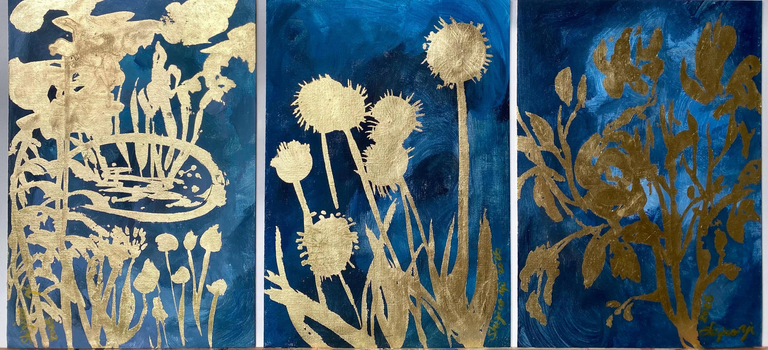 Original Triptych Garden Story-le Bleu-British Awarded Artist-Gold leaf on Oil