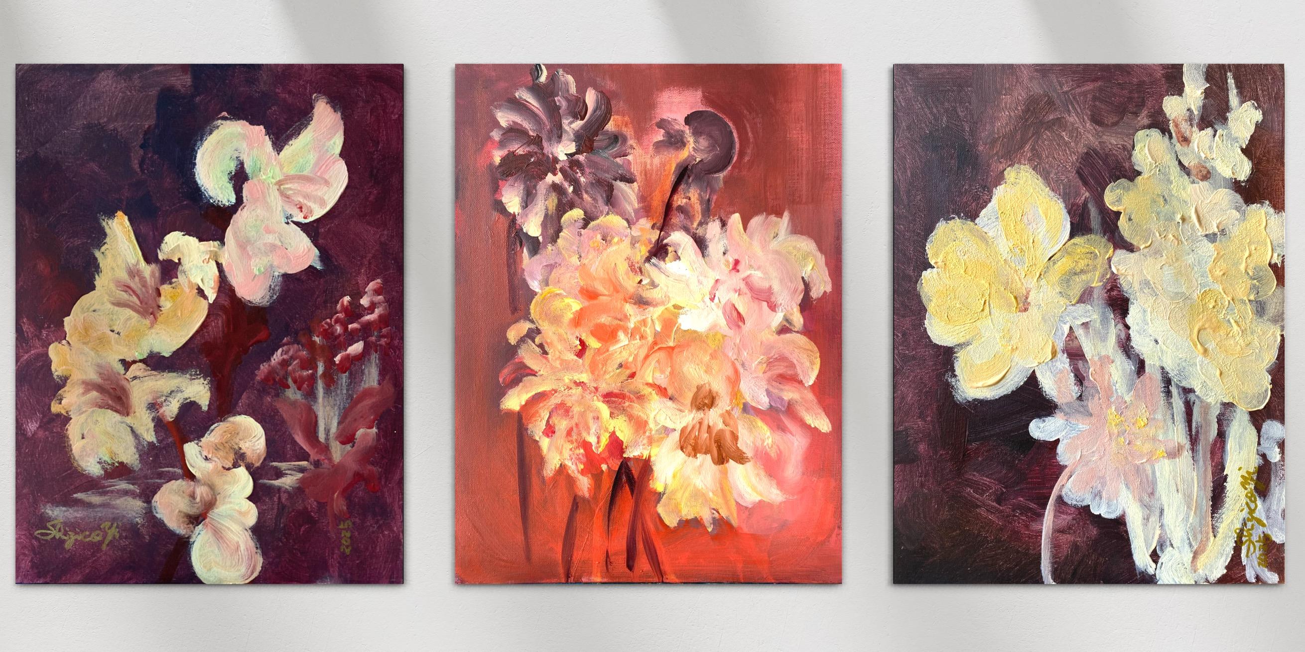 Original 3 Schwestern-Triptychon-Britischer Preisträger-Gladiolen-Dahlien-Elderberry im Angebot 6